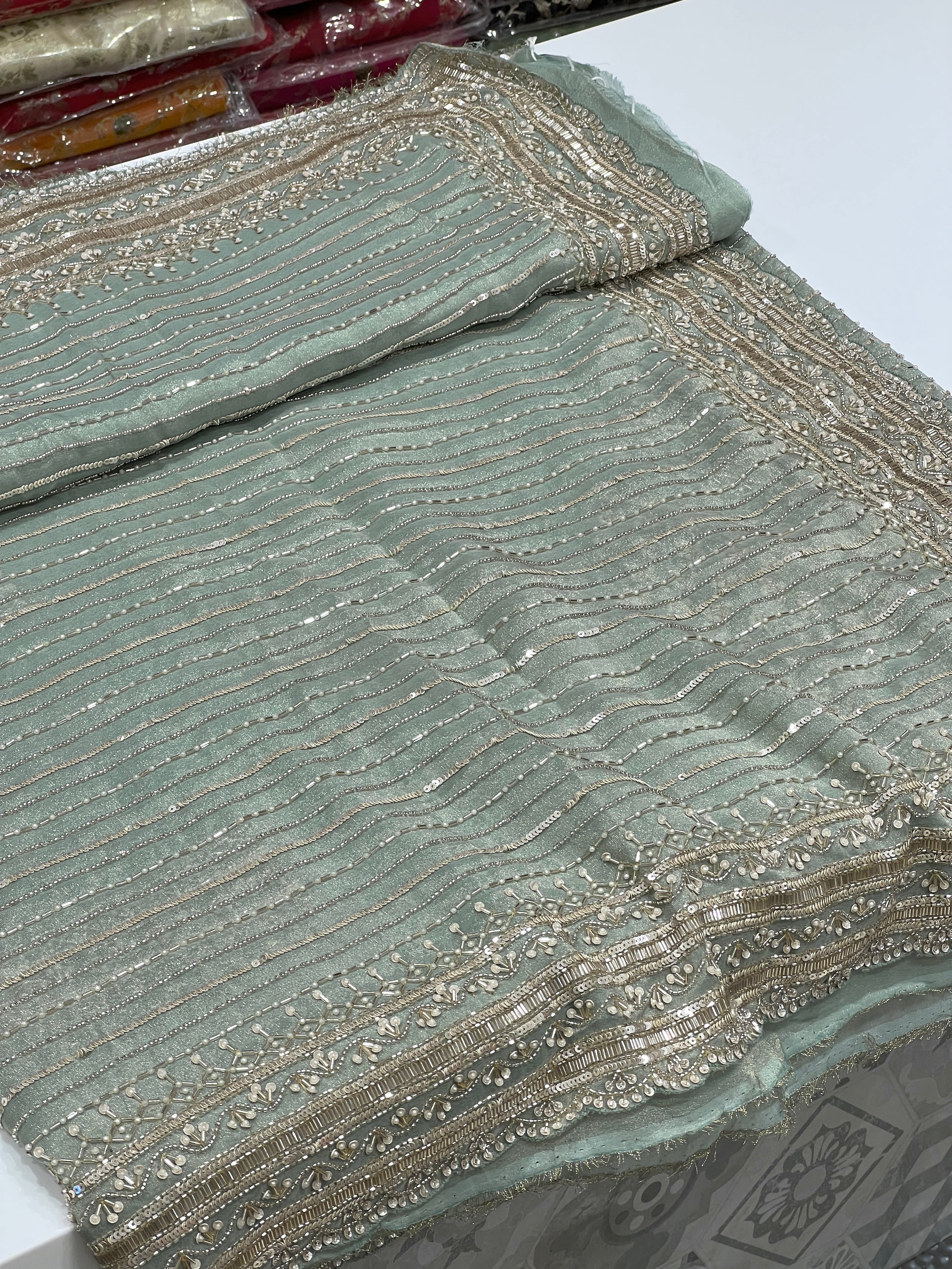 Green Crepe Tissue Moti Hand Embroidery Saree