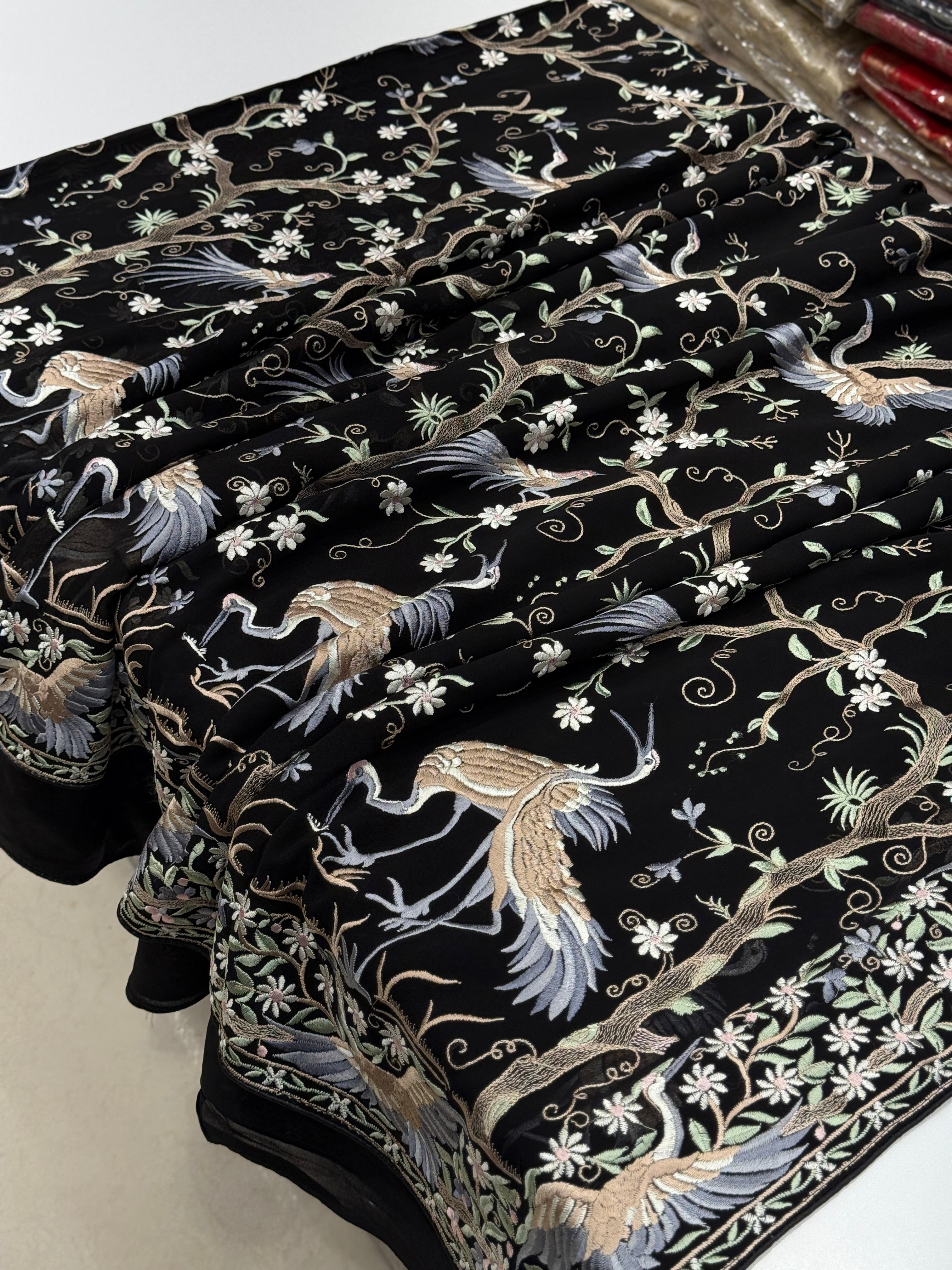 Black Tree Of Life Flamingo Parsi Gara Saree