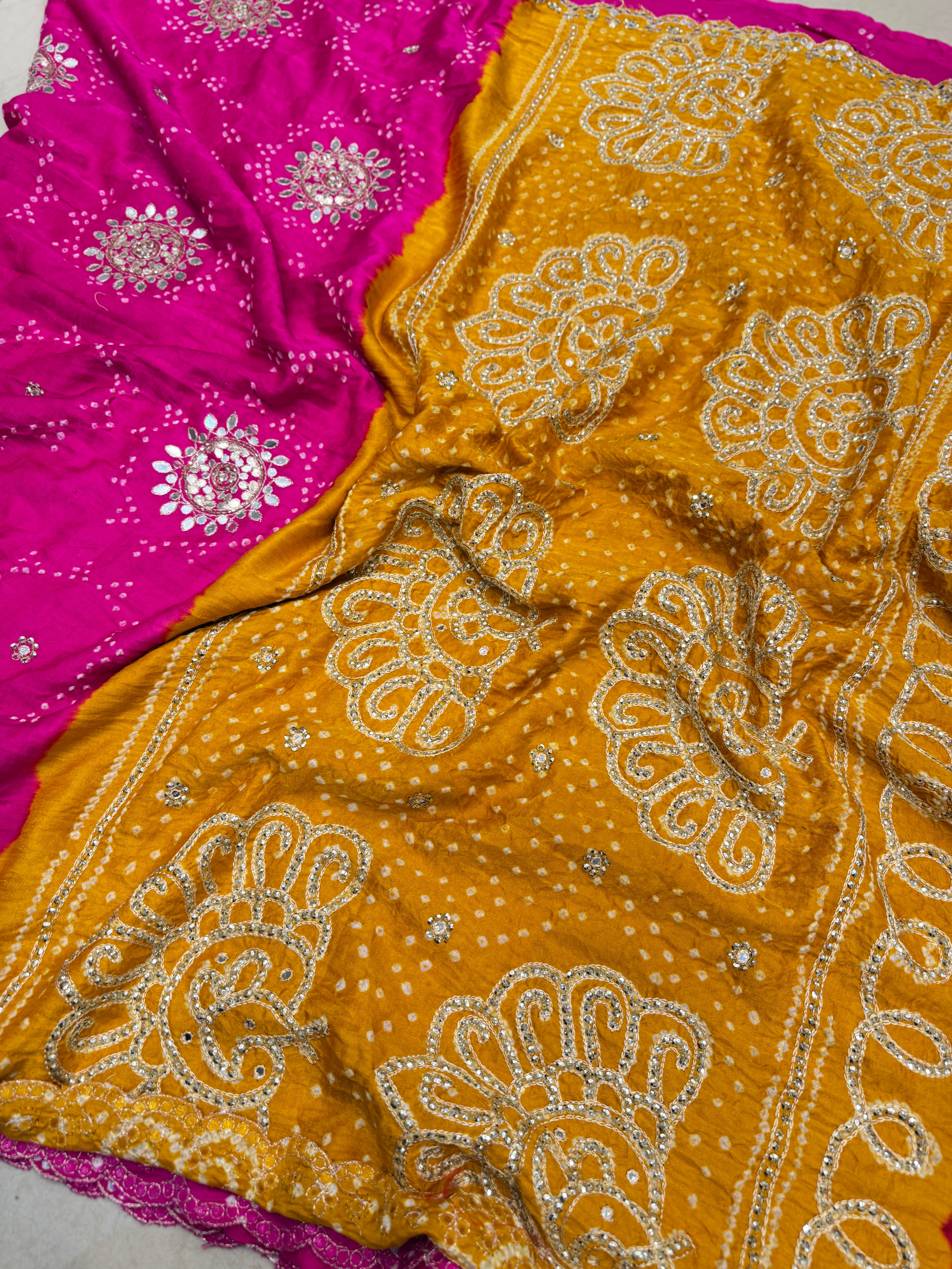 Yellow Rani Gajji Silk Rai Bandhej Tila Hand Embroidery Saree