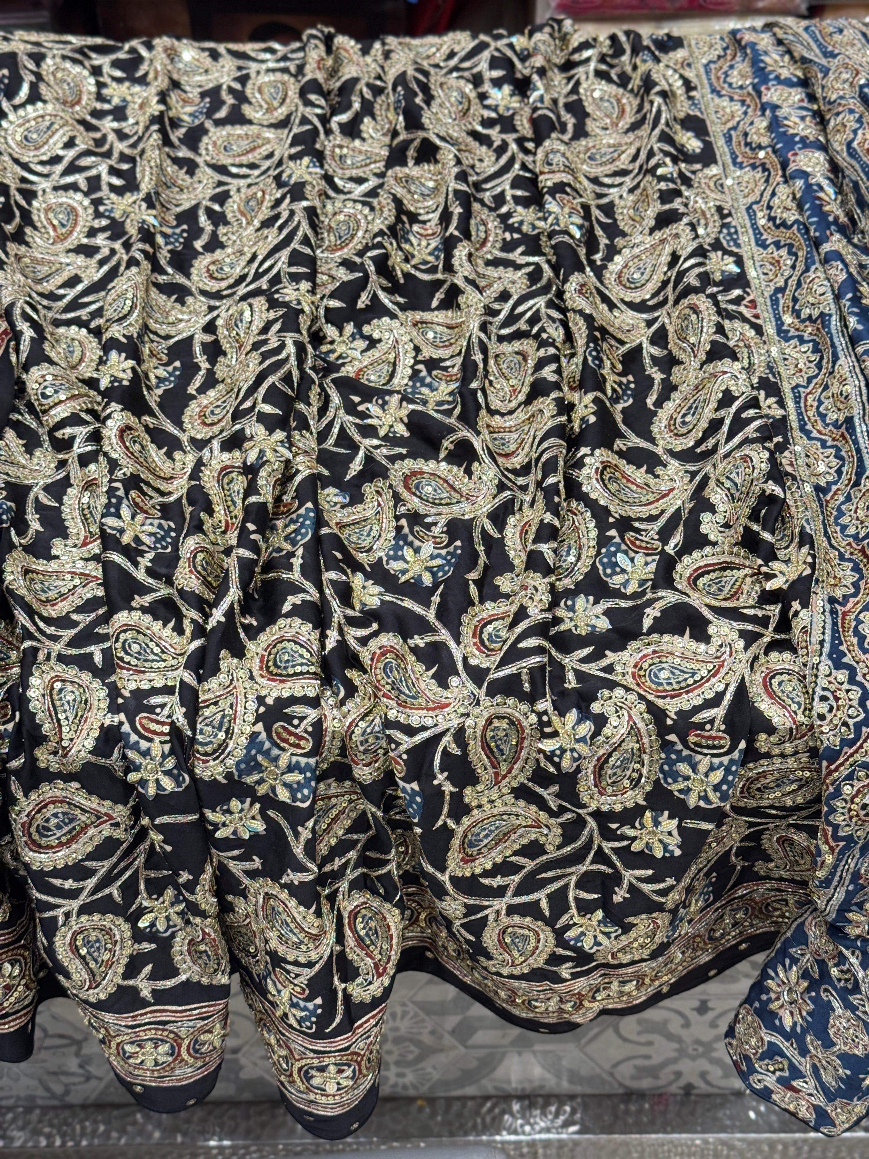 Black Blue Pallu Ajrakh Badam Jaal Hand Embroidery Zardosi and Pita Work