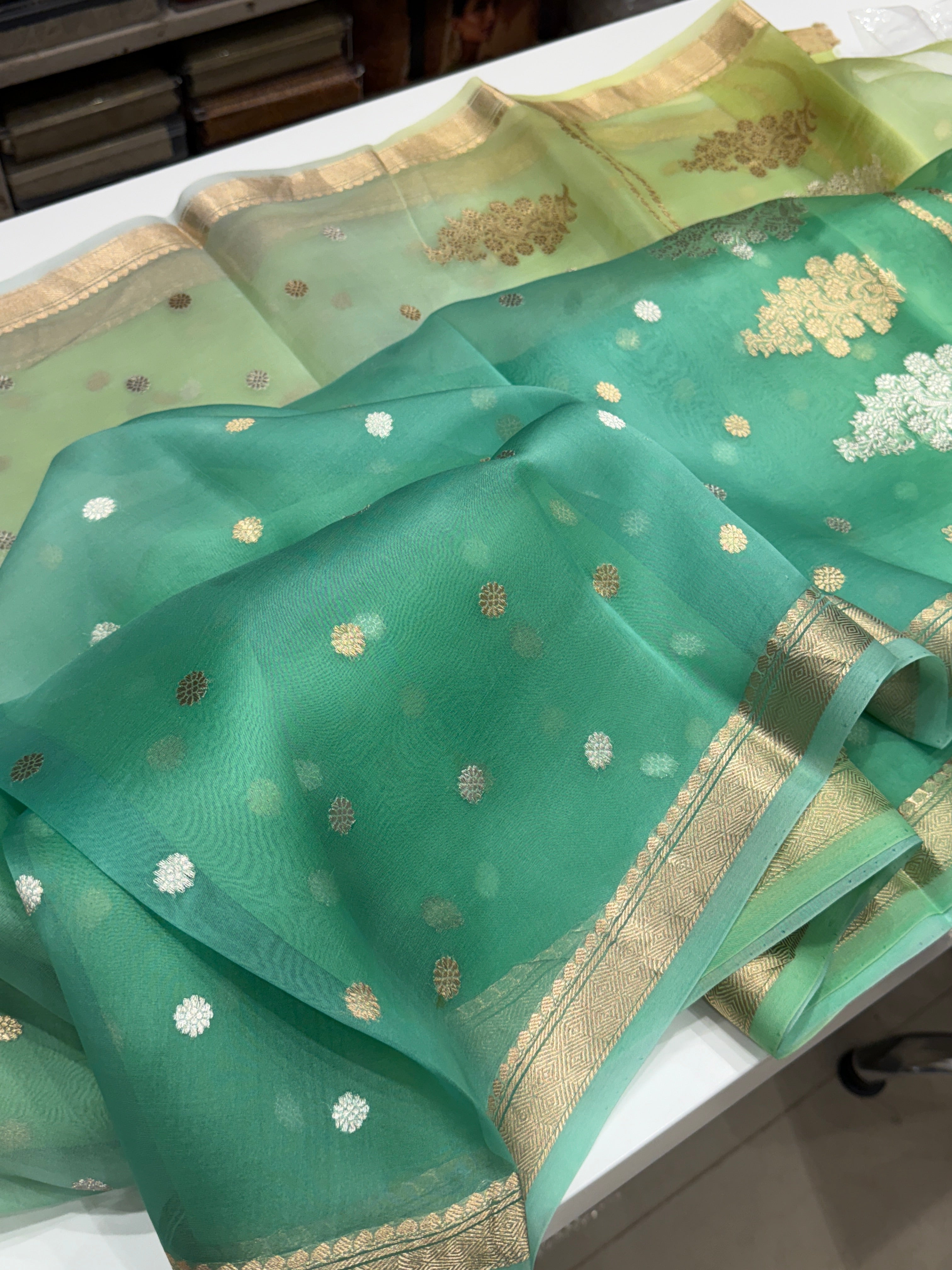 Green Shaded Banarasi Handloom Kora Saree