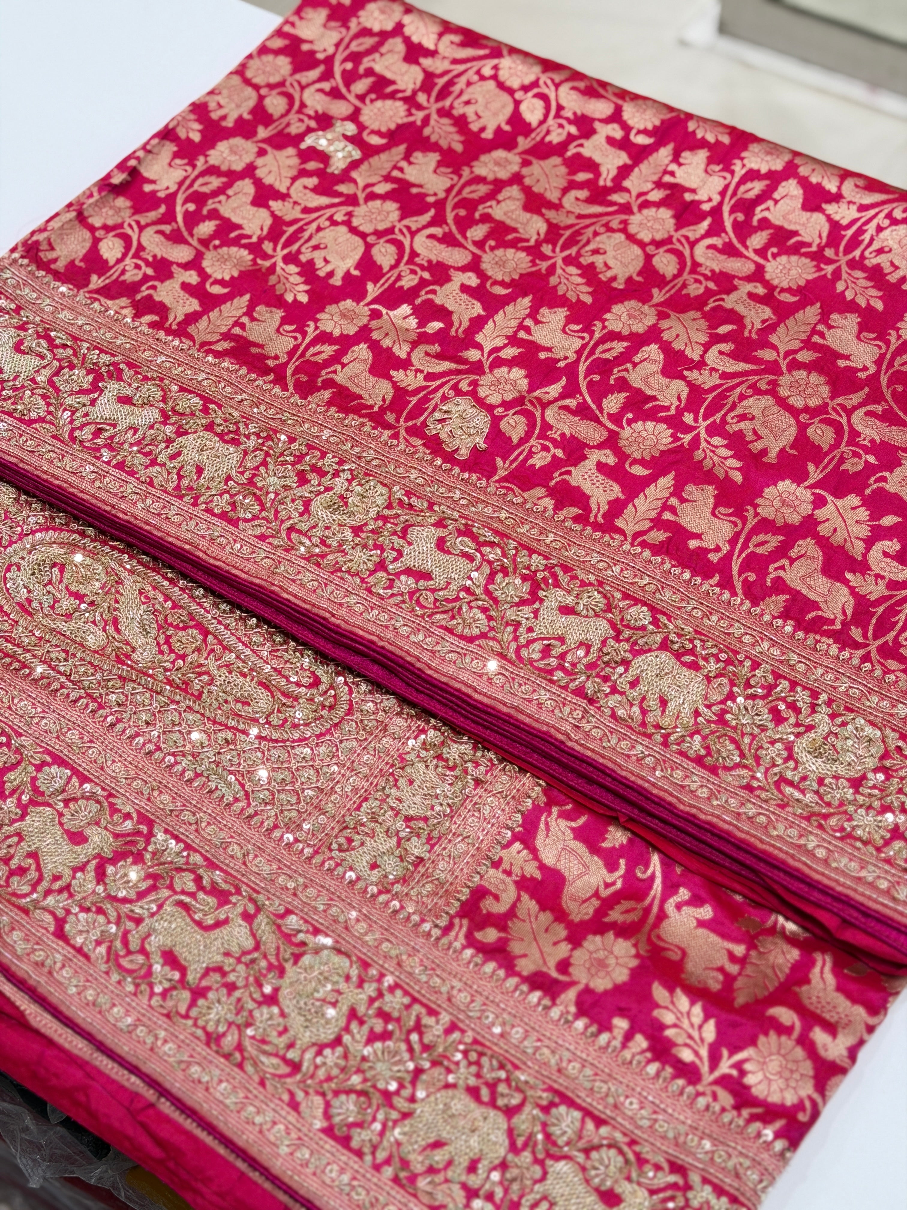 Rani Pink Banarasi Shikara Zardosi Hand Embroidery Saree