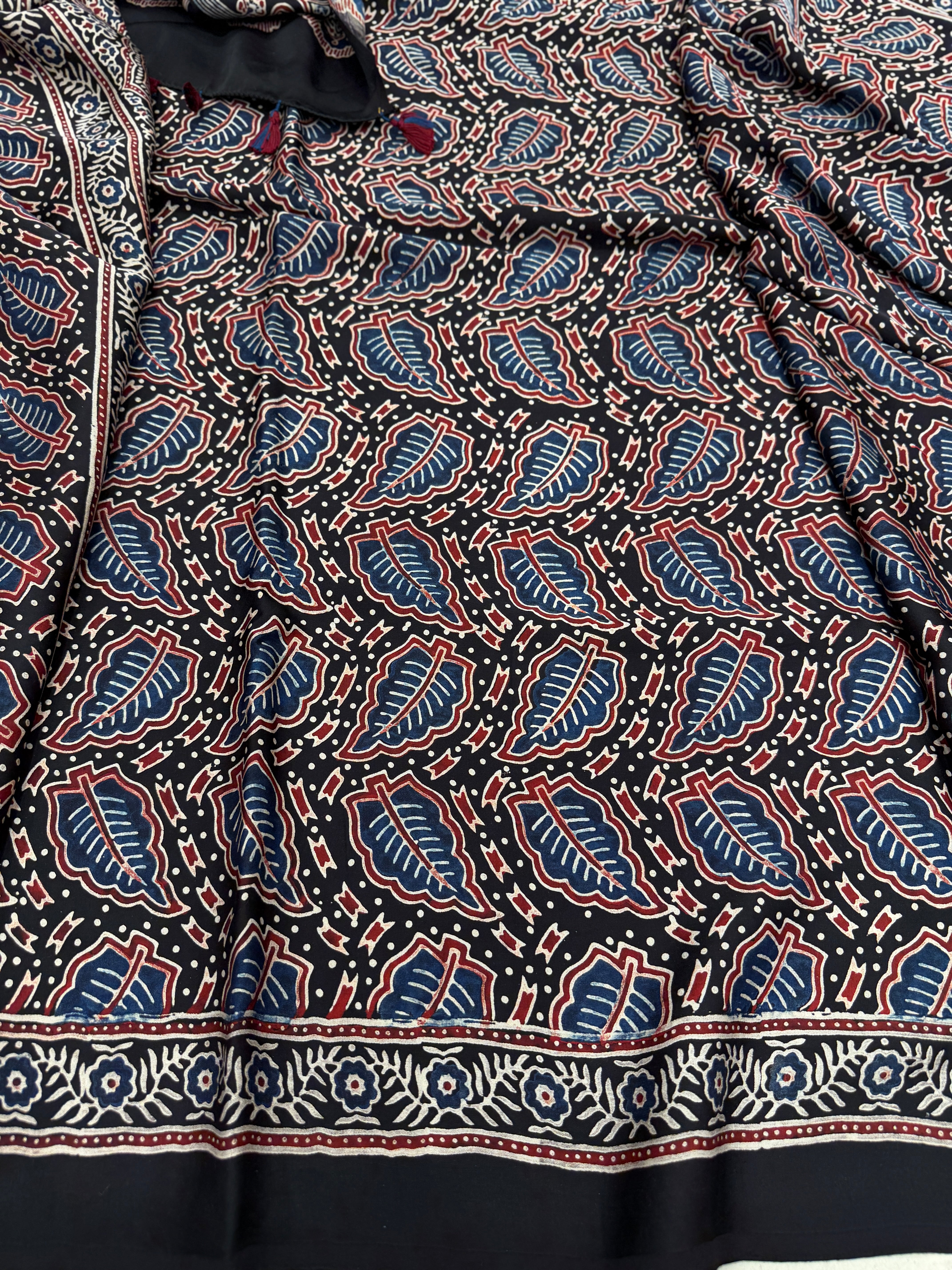 Black Contemporary Butta Ajrakh Hand Block Print Pure Modal Silk Saree