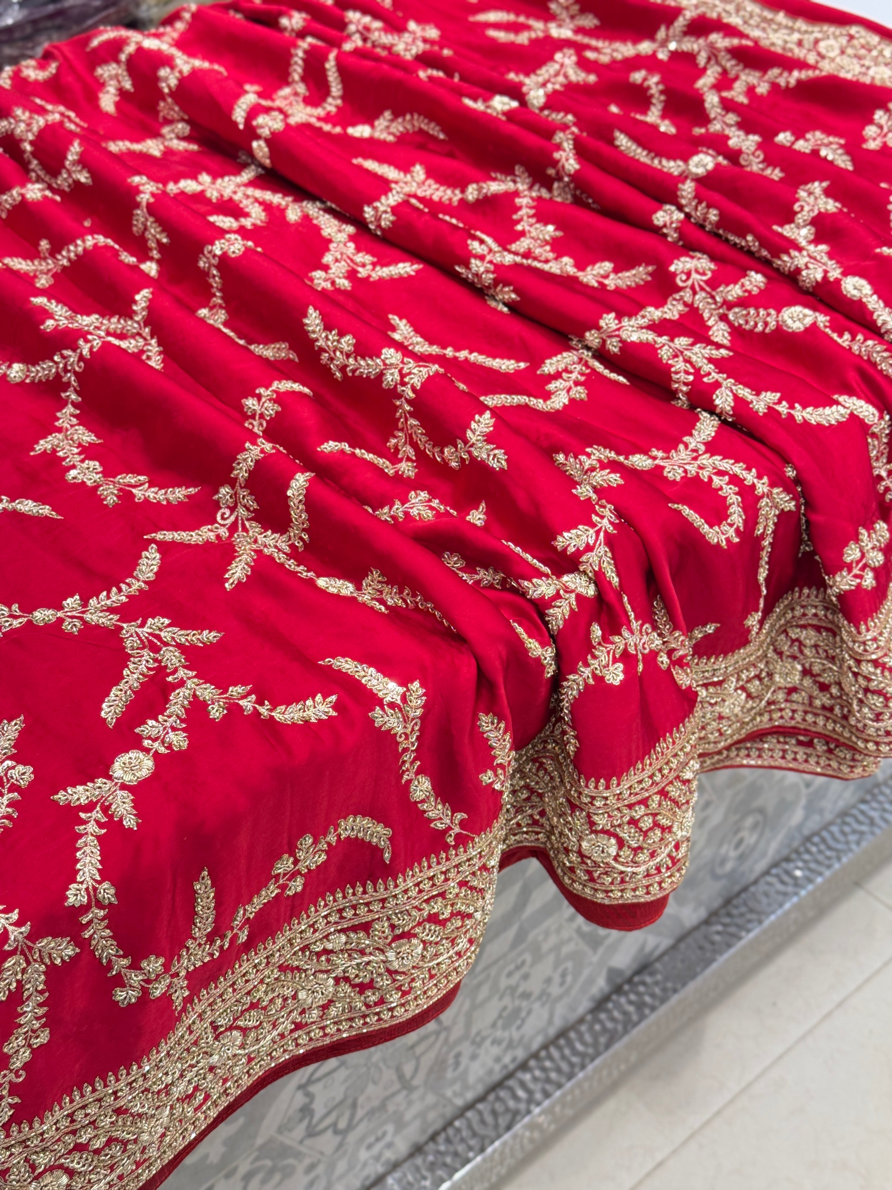 Red Hand Embroidery Jaal Pure Satin Zardosi Embroidery