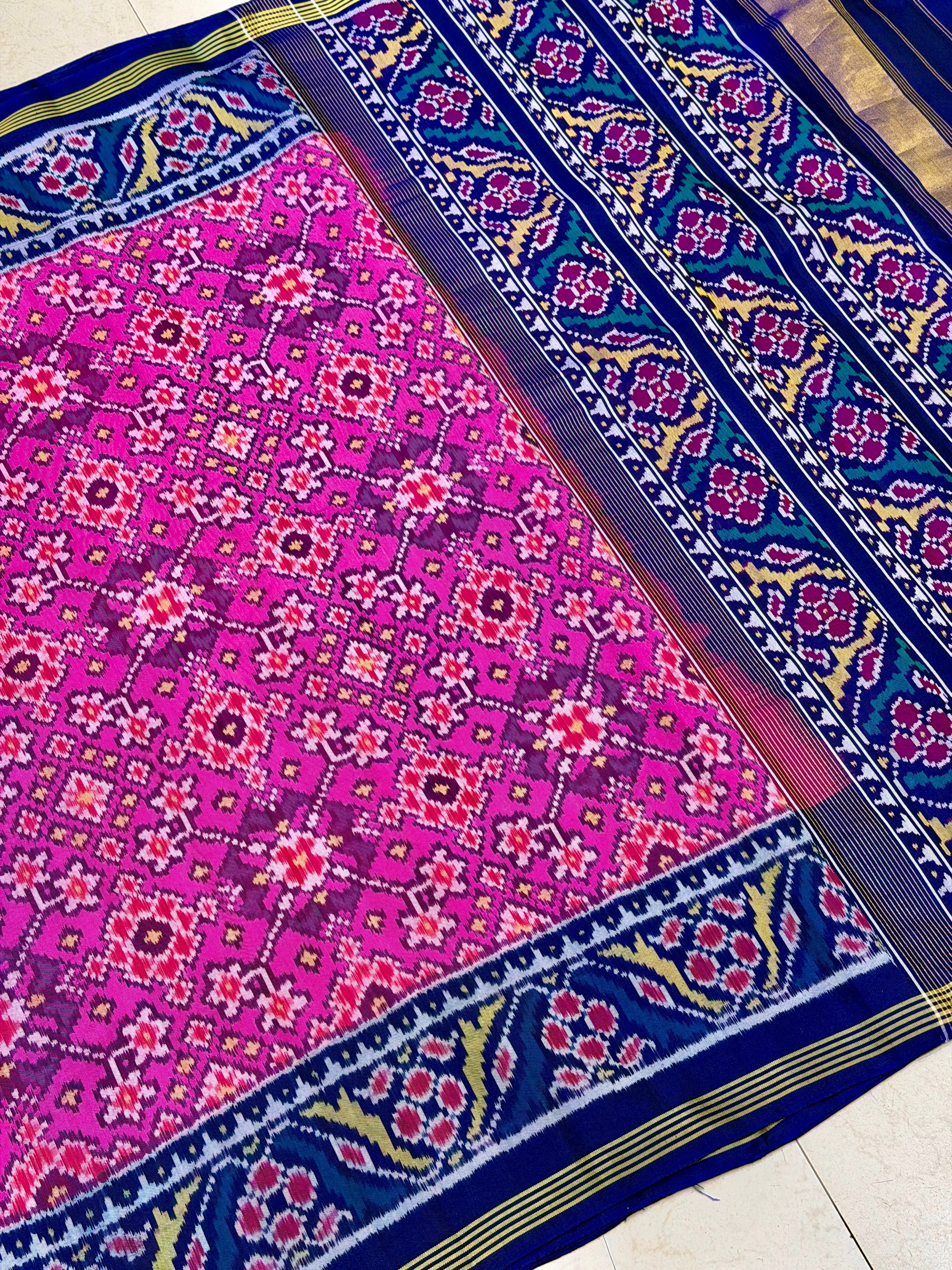 Rani Pink Blue Manek Chowk Pure Silk Handloom Patola Saree