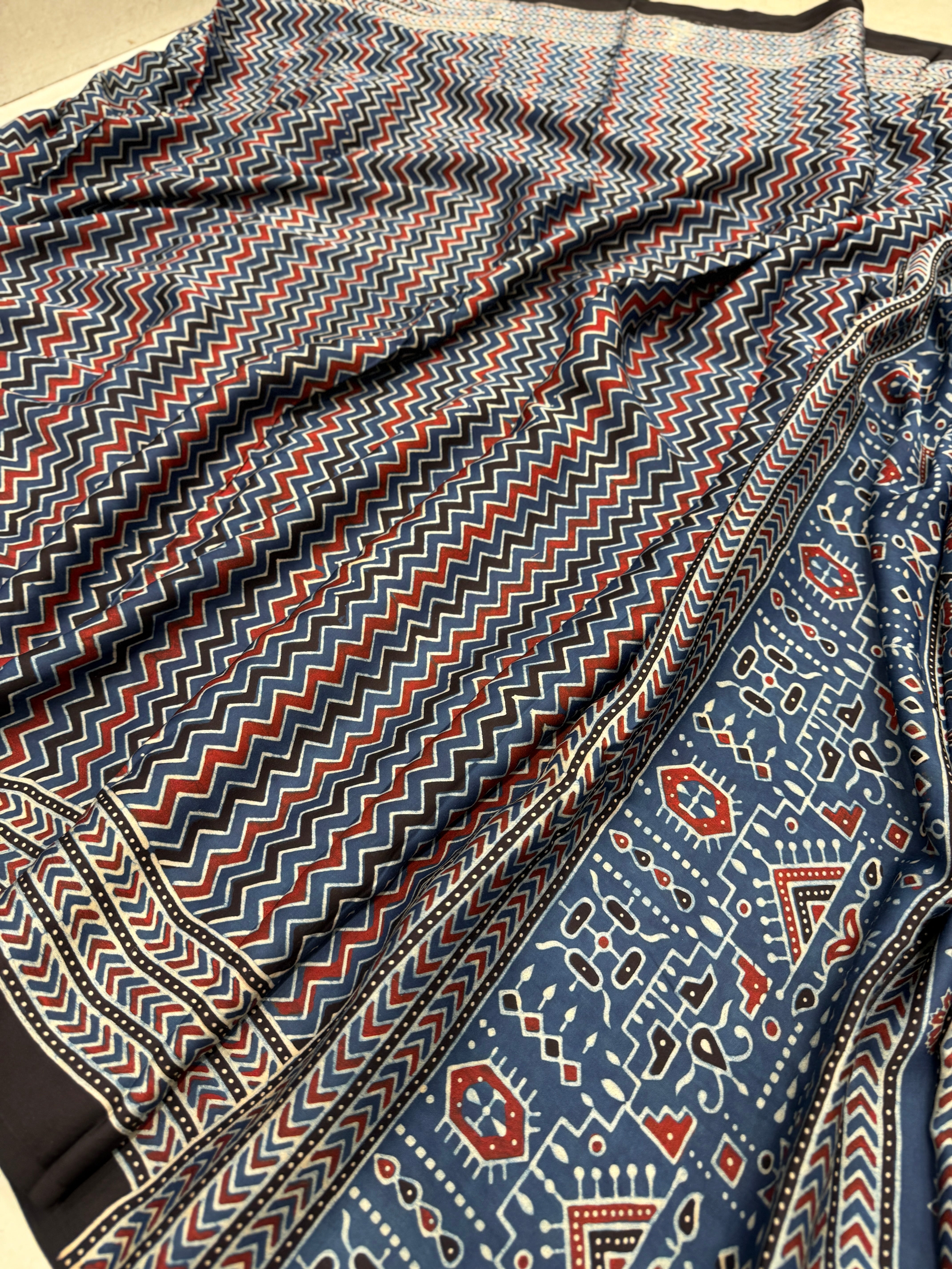 Blue Zig Zag Ajrakh Modal Gajji Silk Saree