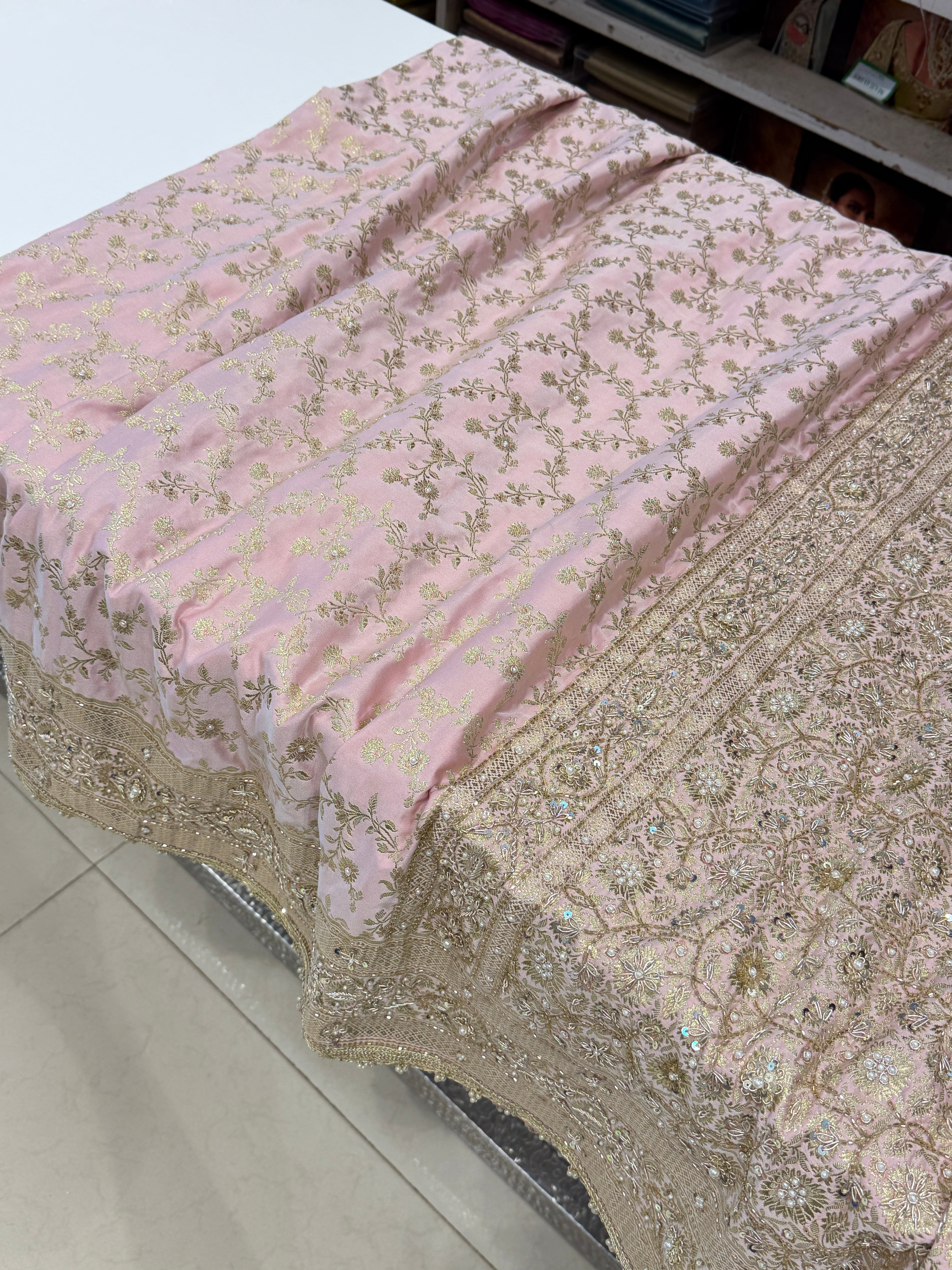 Light Pink Banarasi Flower Border Zardosi Hand Embroidery Saree