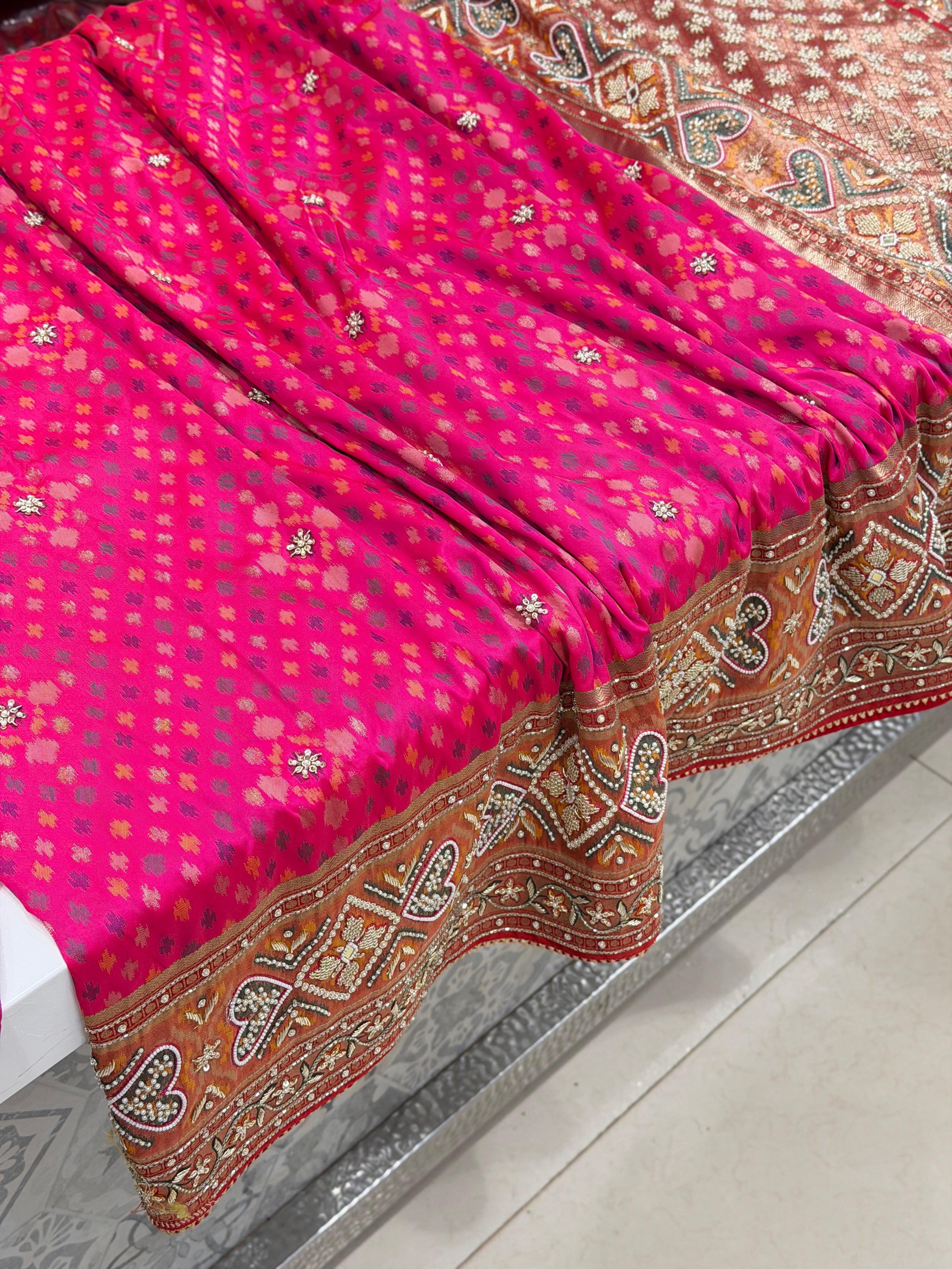 Rani Pink Patola Zardosi Hand Embroidery Saree Small Ikat