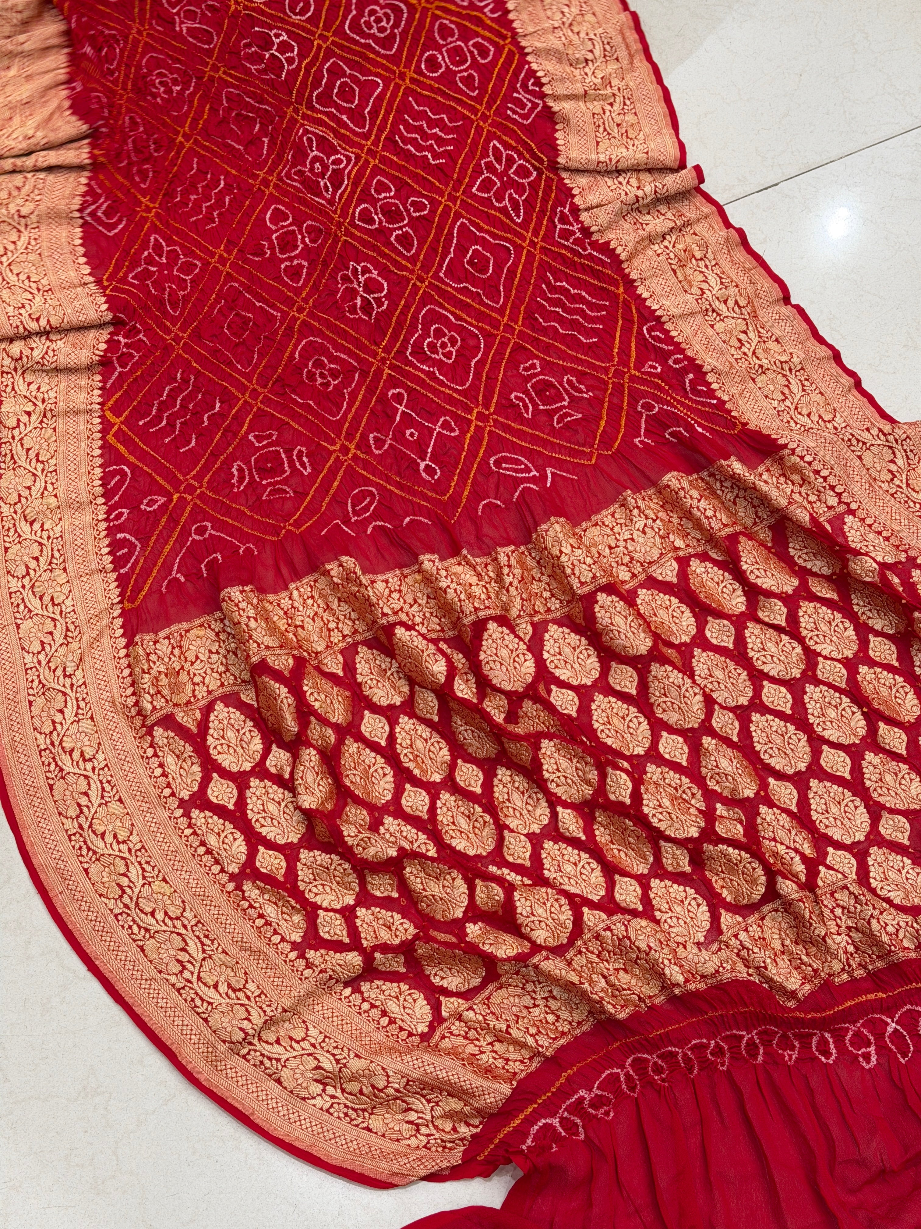 Red Rai Bandhej Bavan Bhat Georgette Saree Banarasi