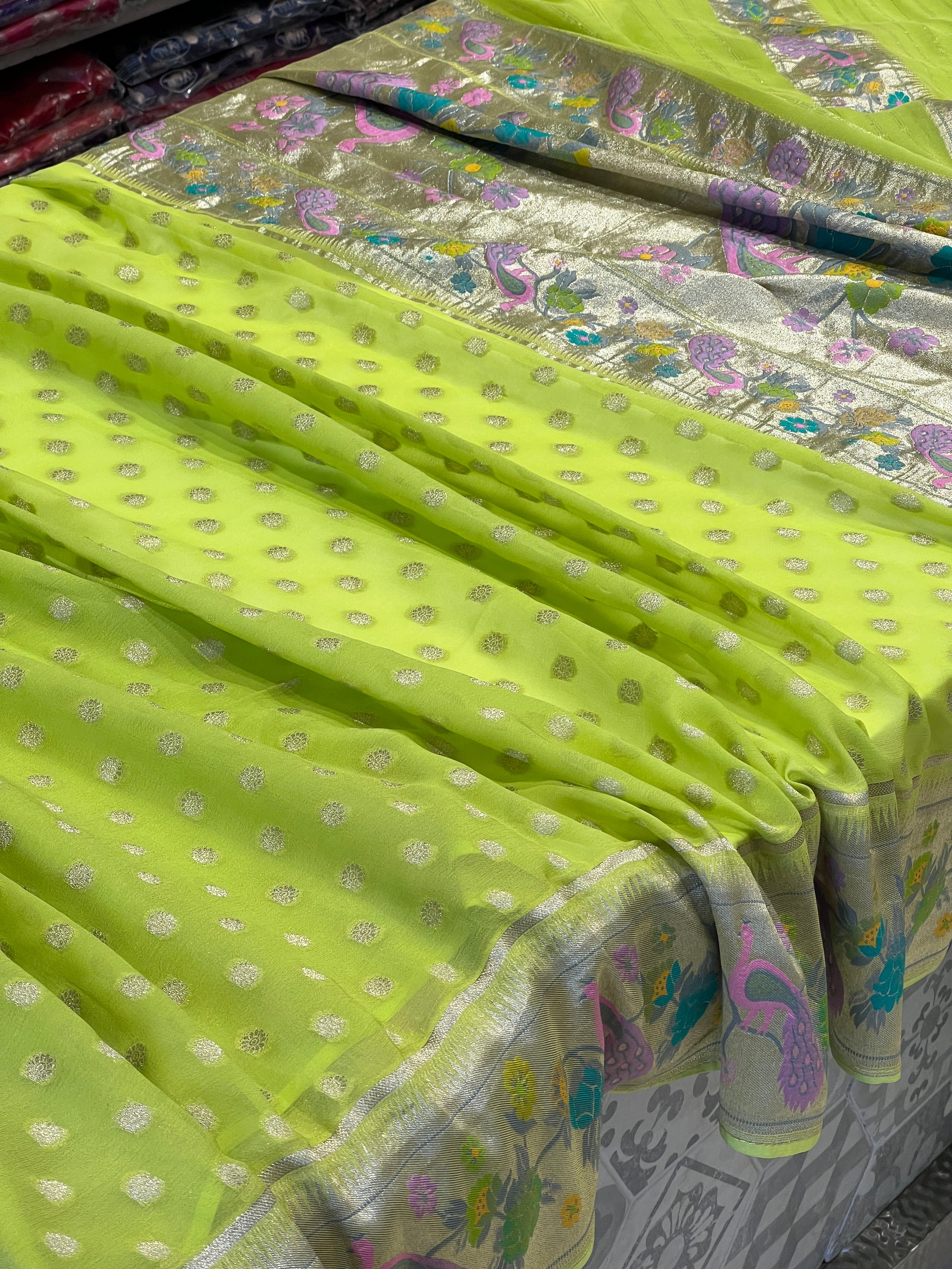 Parrot Green Banaras Khaddi Georgette Paithani