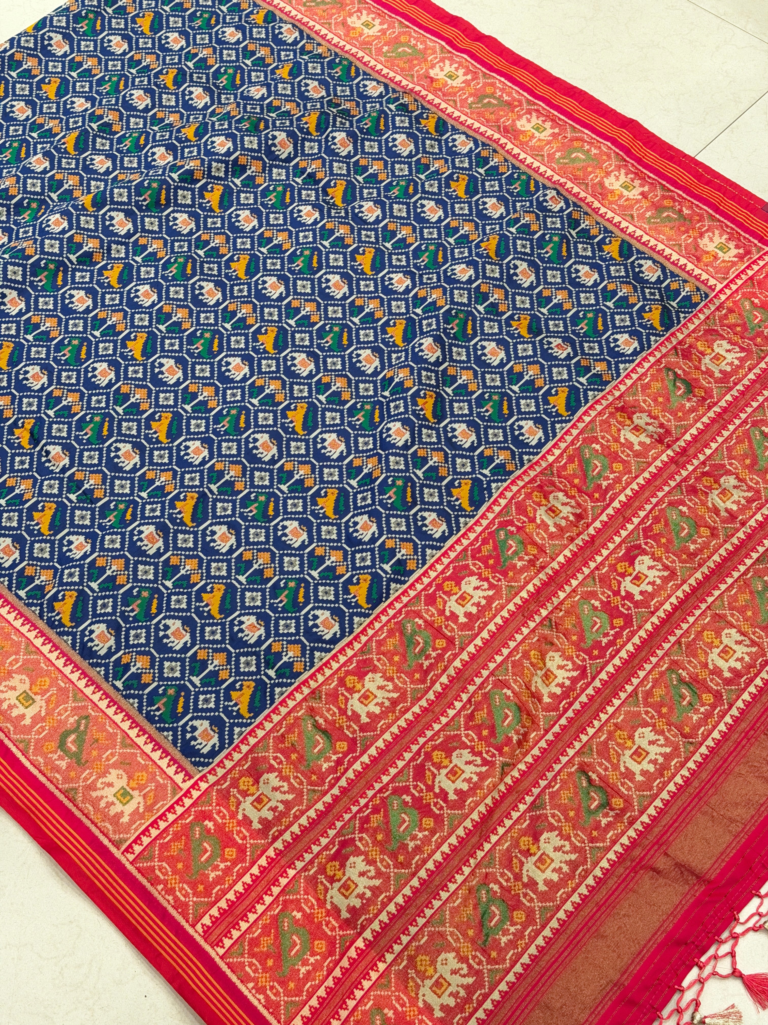 Blue Pink Elephant Jaal Semi Silk Weaved Patan Patola Saree