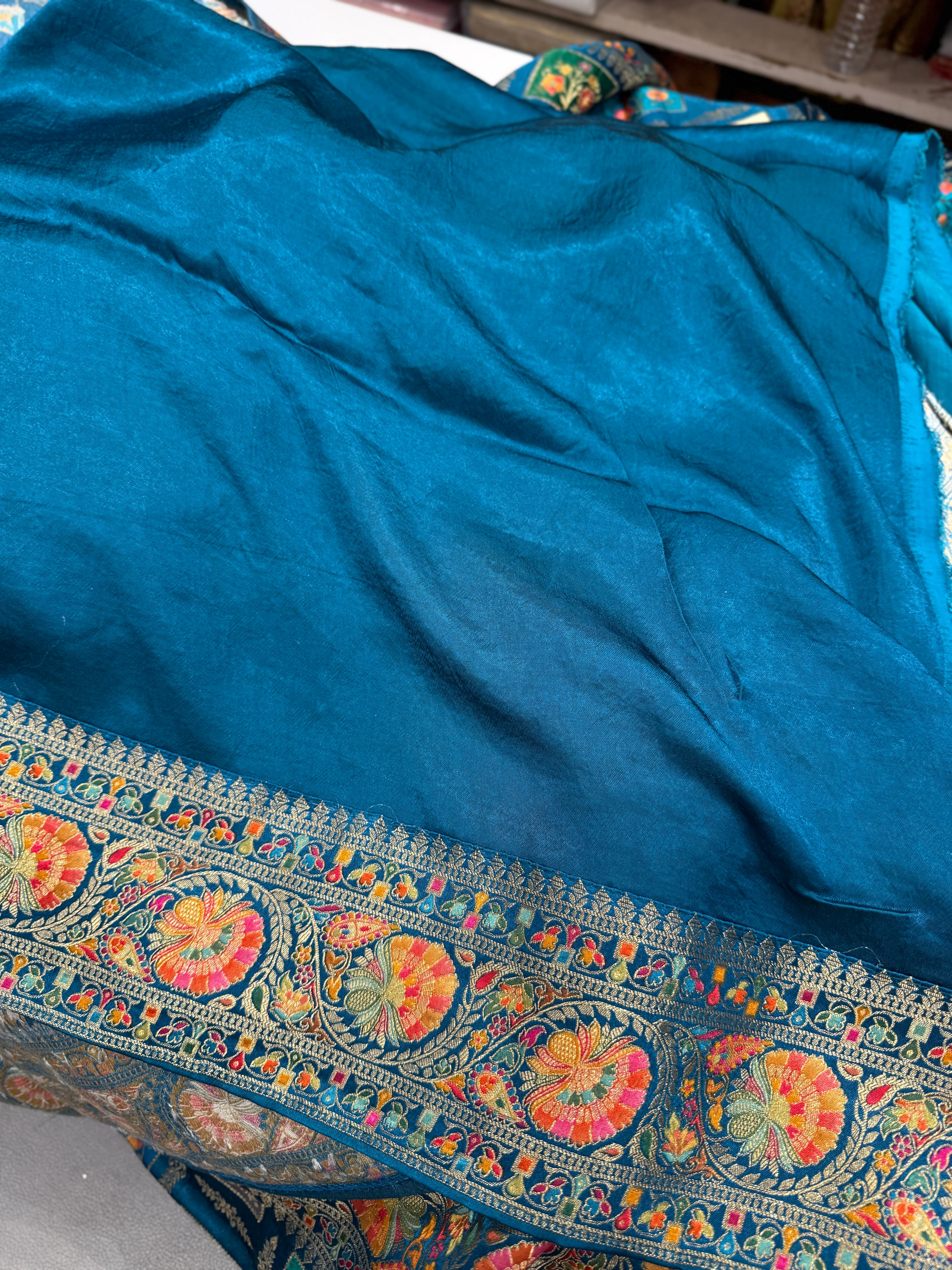 Rama Blue Box Check Banarasi Modal Satin Rangkat Saree