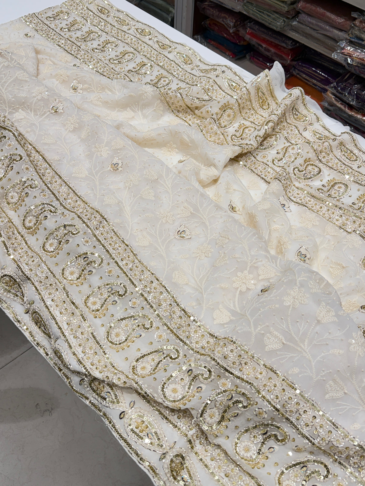 Moti White Chikankari Georgette Pita Sequin Hand Embroidery Saree