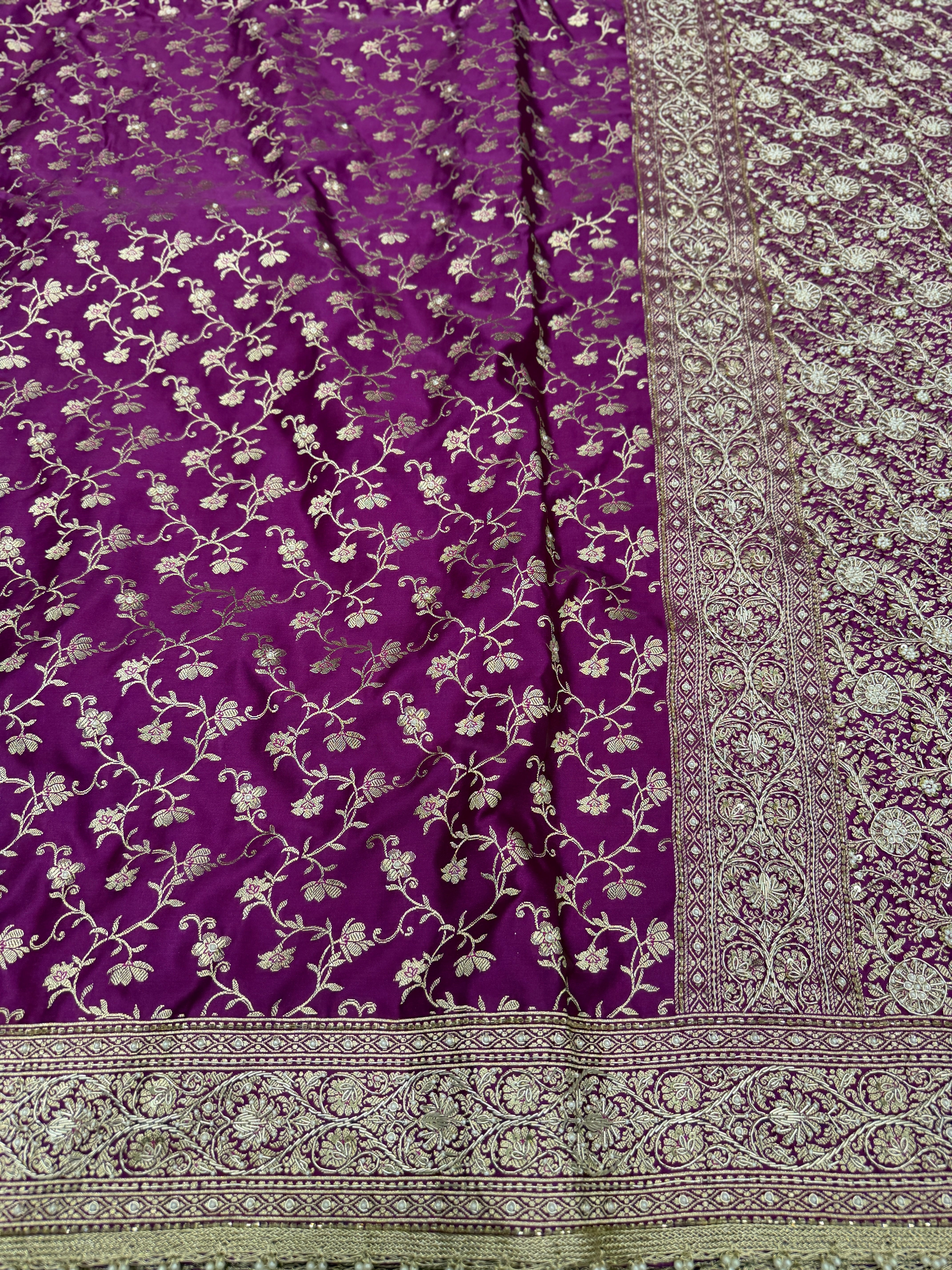 Wine Banarasi Perwinkle Jaal Zardozi Hand Embroidery Saree
