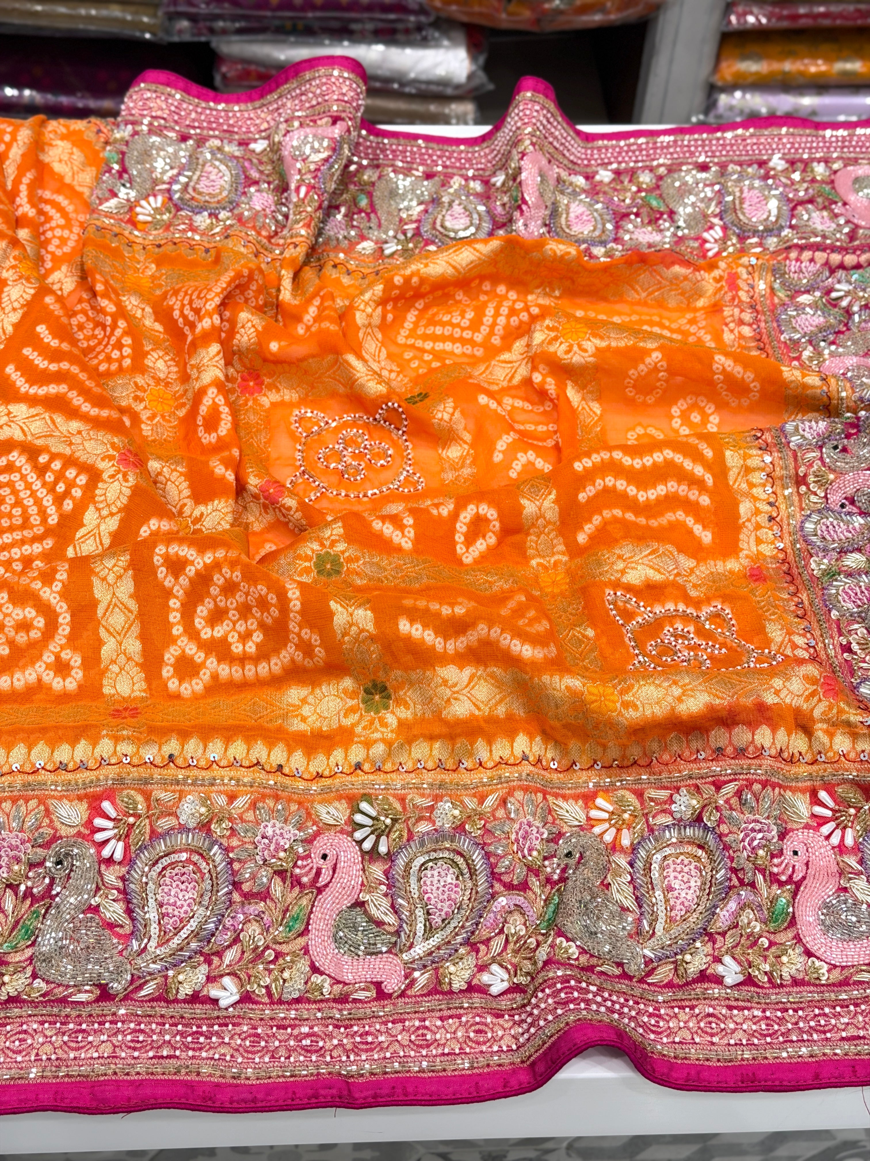 Orange Rani Gharchola Moti Sequin Zardosi Hand Embroidery Georgette Saree