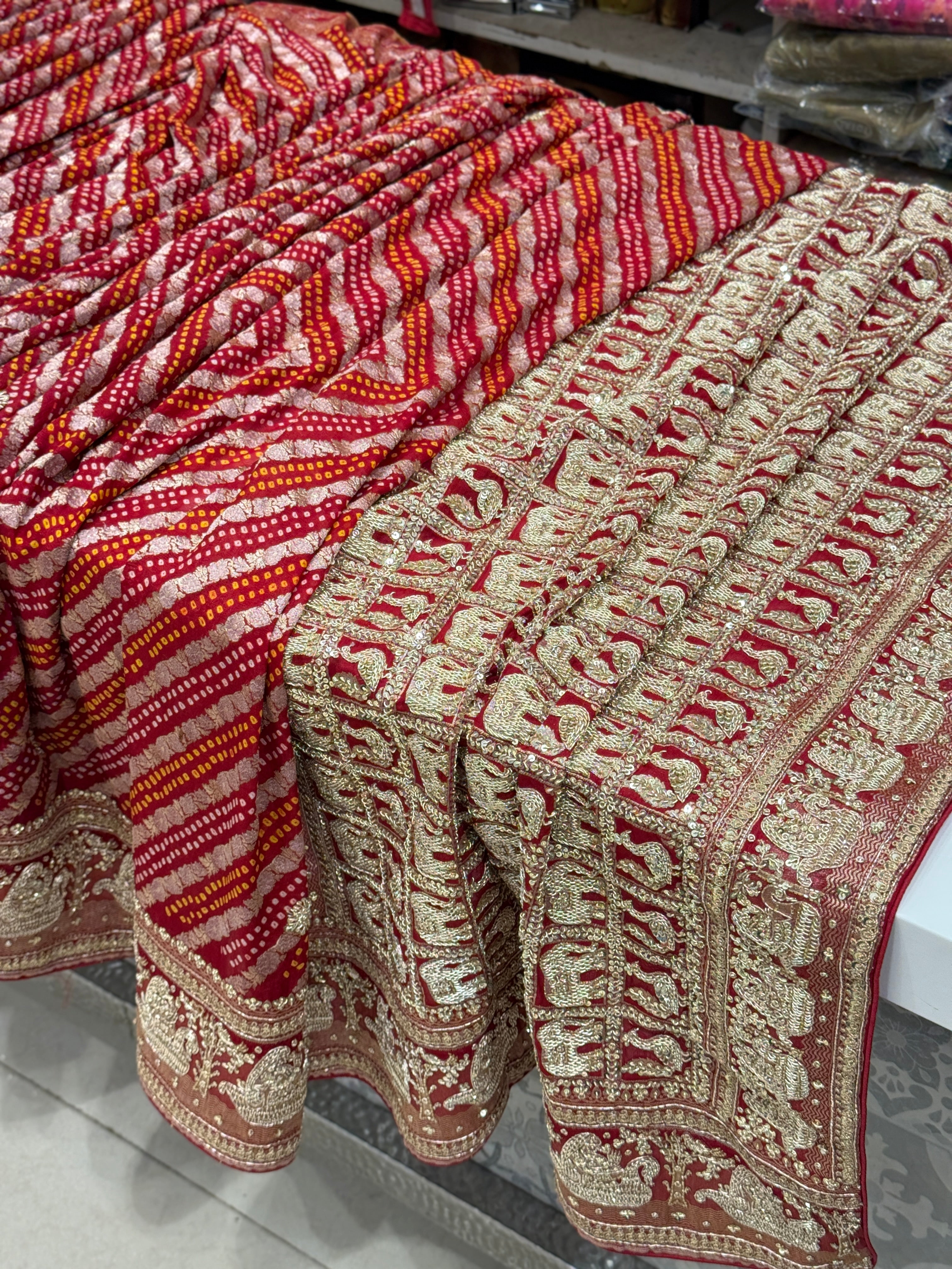 Red Sona Roopa Rai Bandhej Georgette Zardosi Hand Embroidery Saree