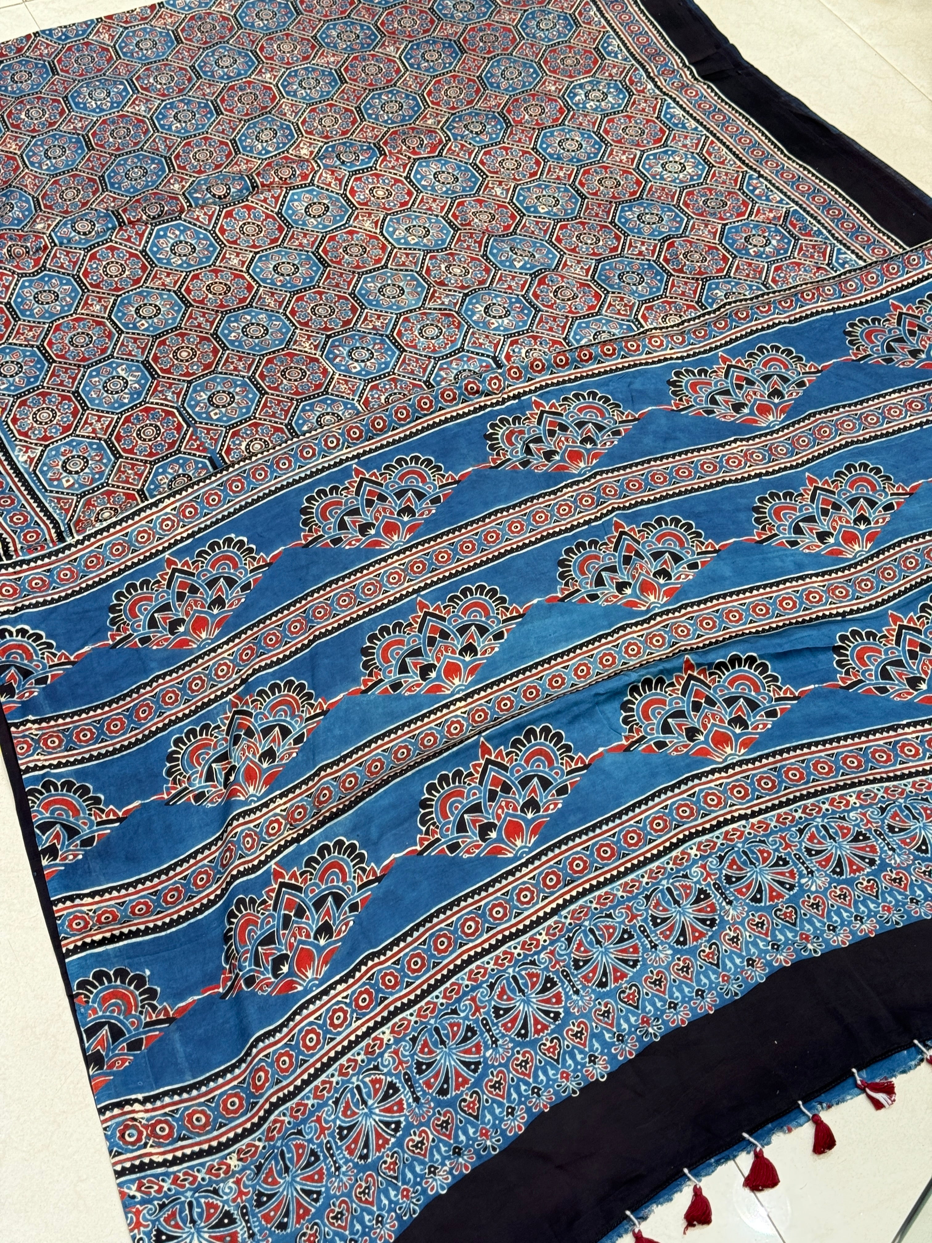 Blue Checkered Jewelled Jaal Ajrakh Saree