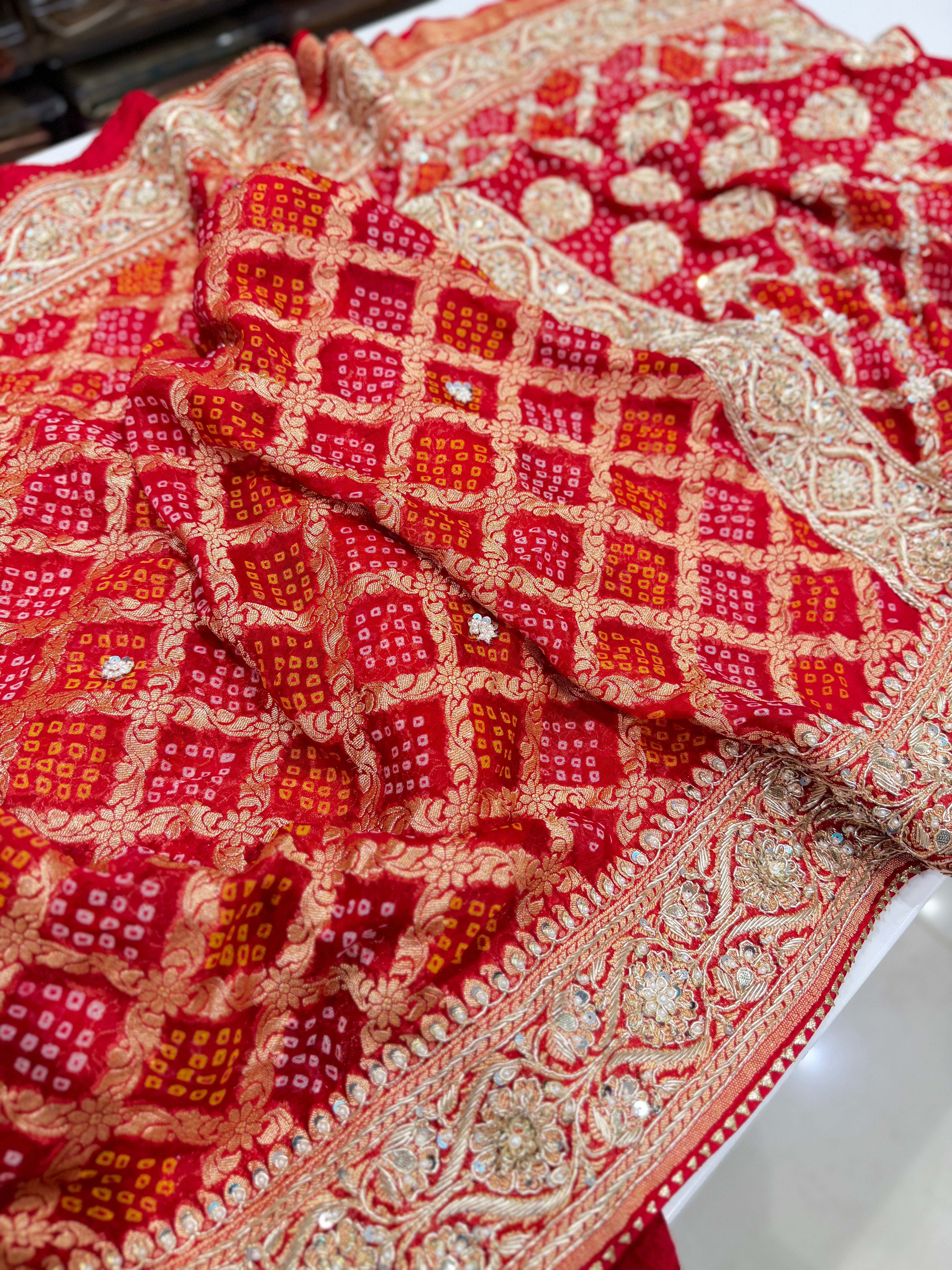 Red Rai Bandhej Georgette Saree Zardosi Hand Embroidery Saree