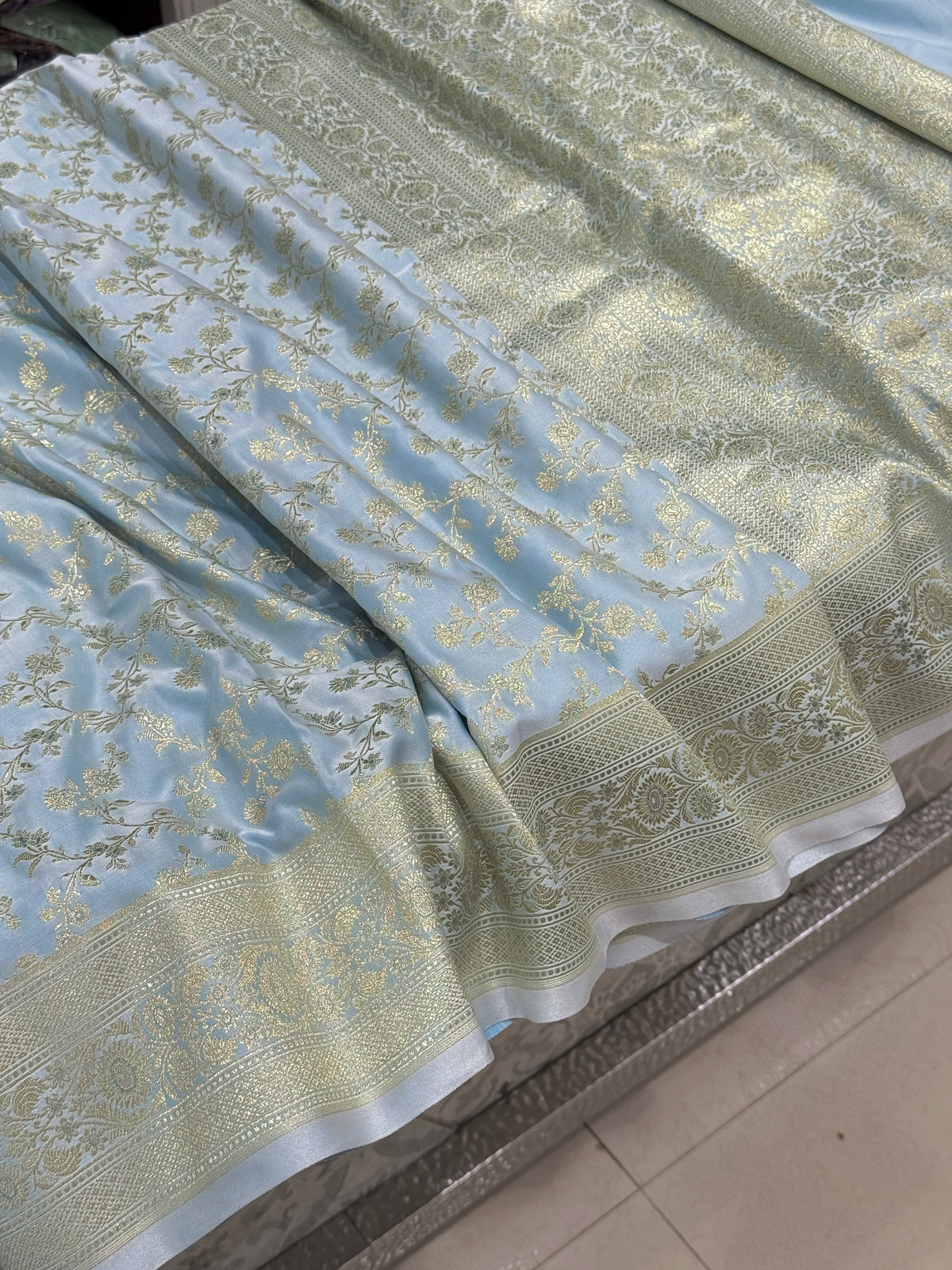 Light Blue Banarasi Silk Flower Border Saree