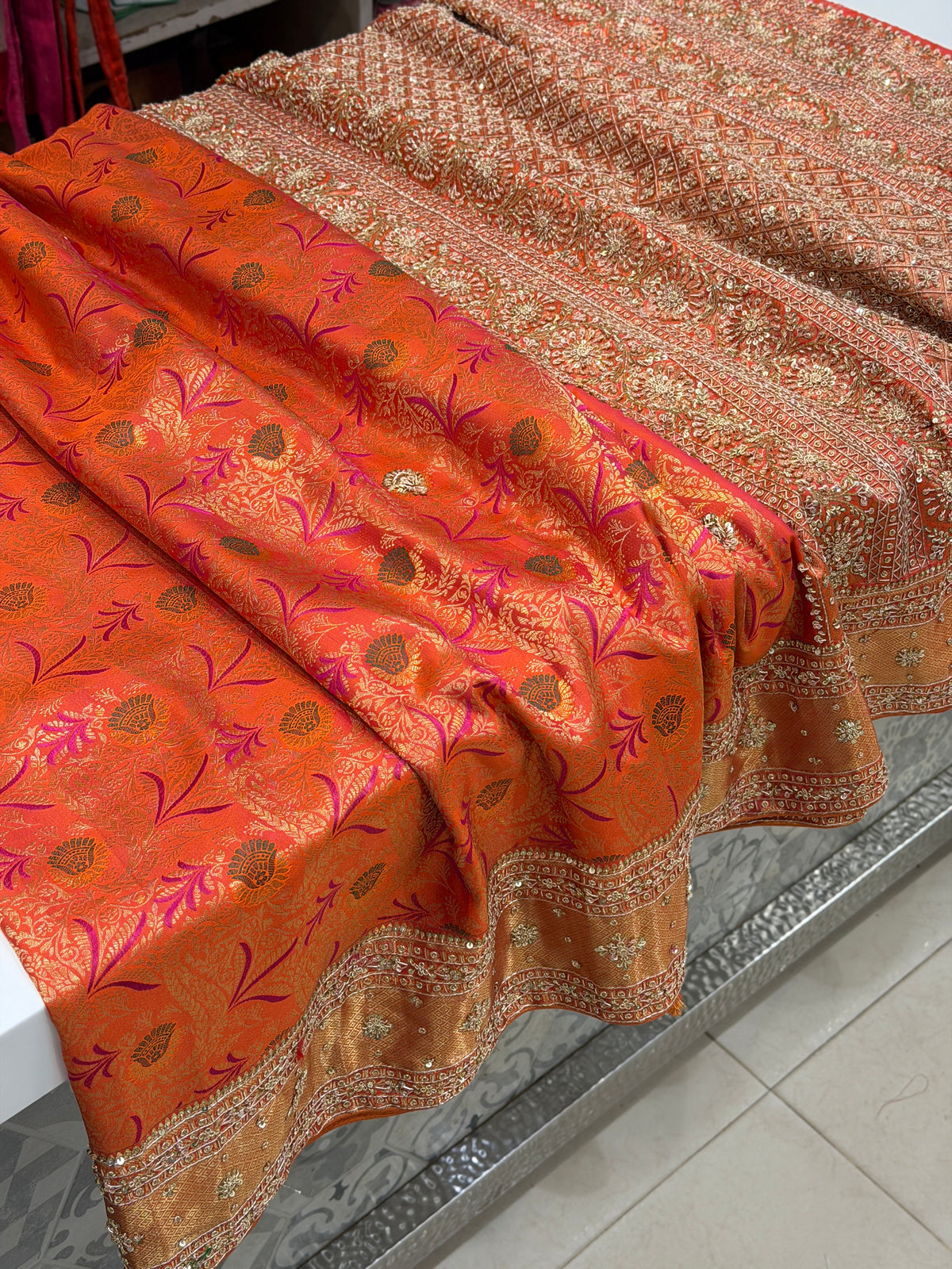 Rust Orange Meenakari Kanjivaram Zardosi Hand Embroidery Saree