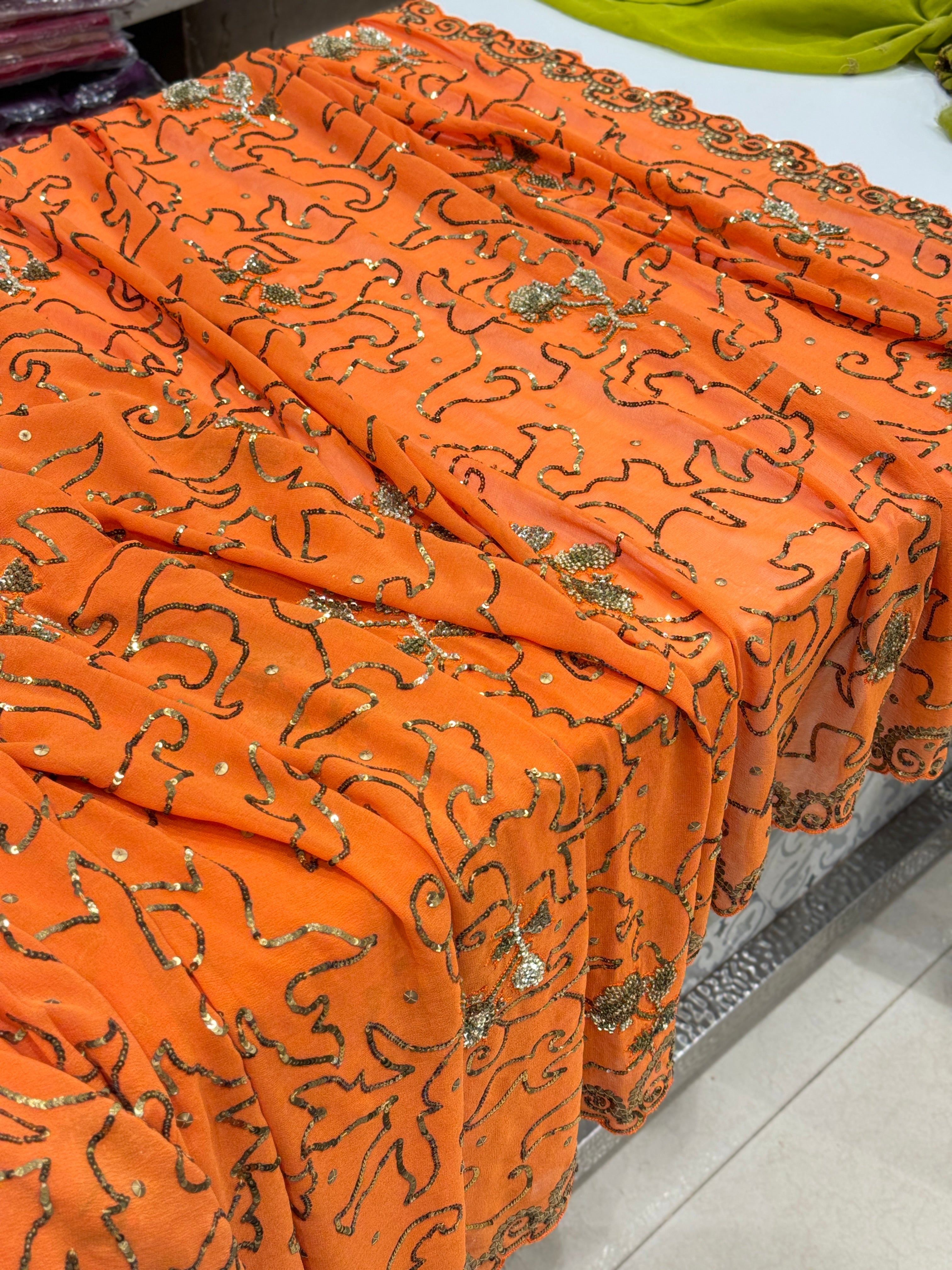 Orange Georgette Antique Sequin Hand Embroidery Saree