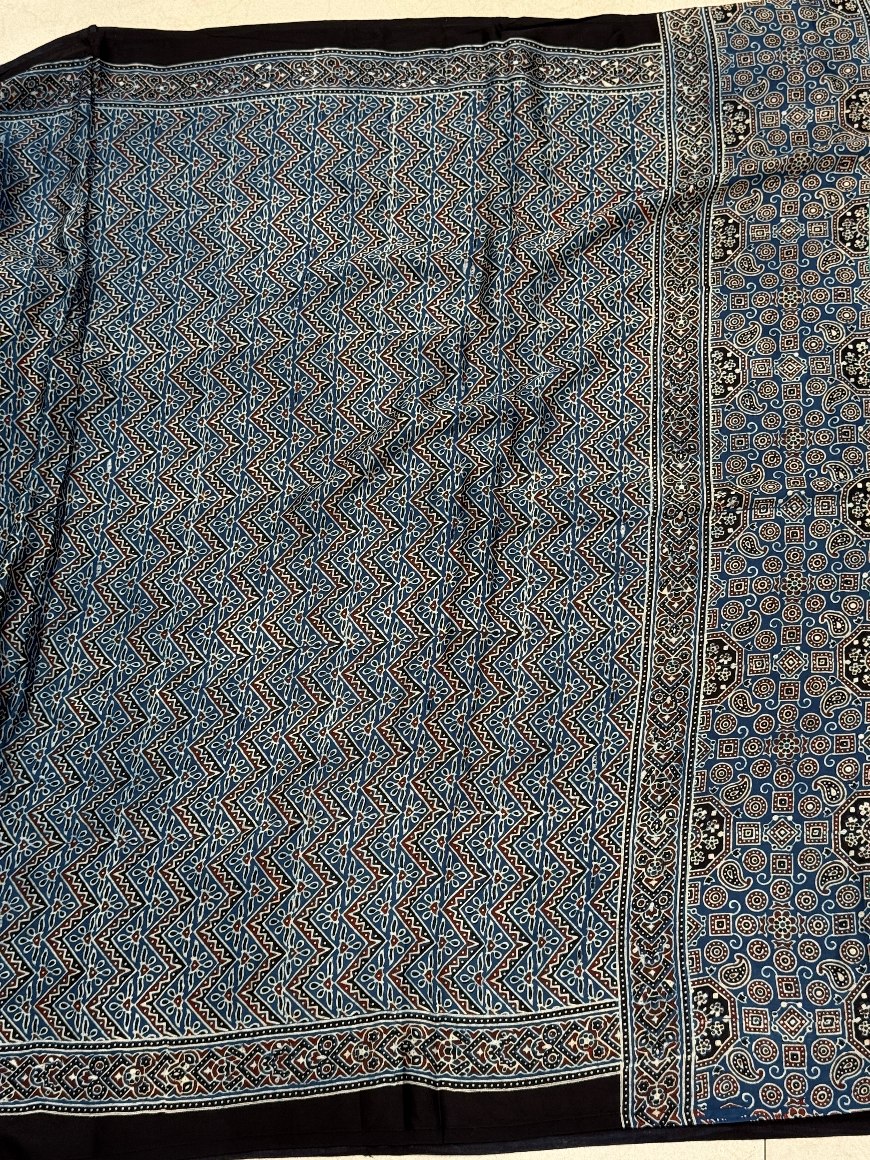 Blue Zig Zag Jaal Ajrakh Block Print Hand Pure Gajji Silk Saree