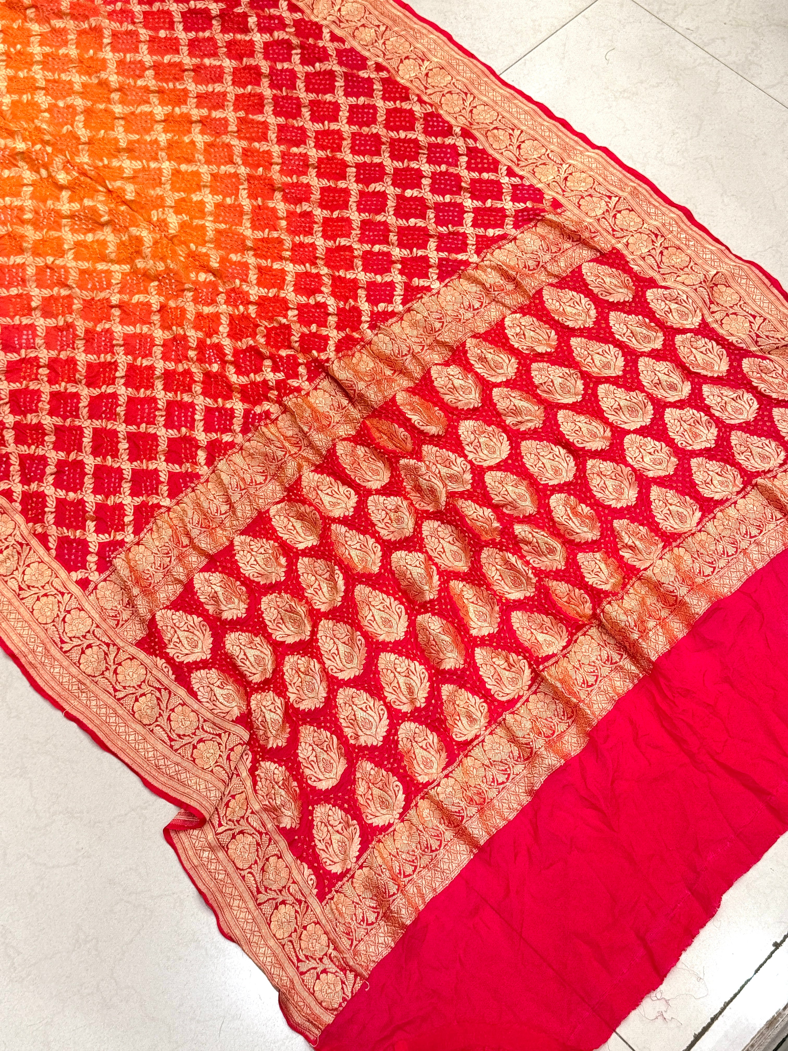 Strawberry Orange Shaded Georgette Handloom Bandhej Bandhini Saree