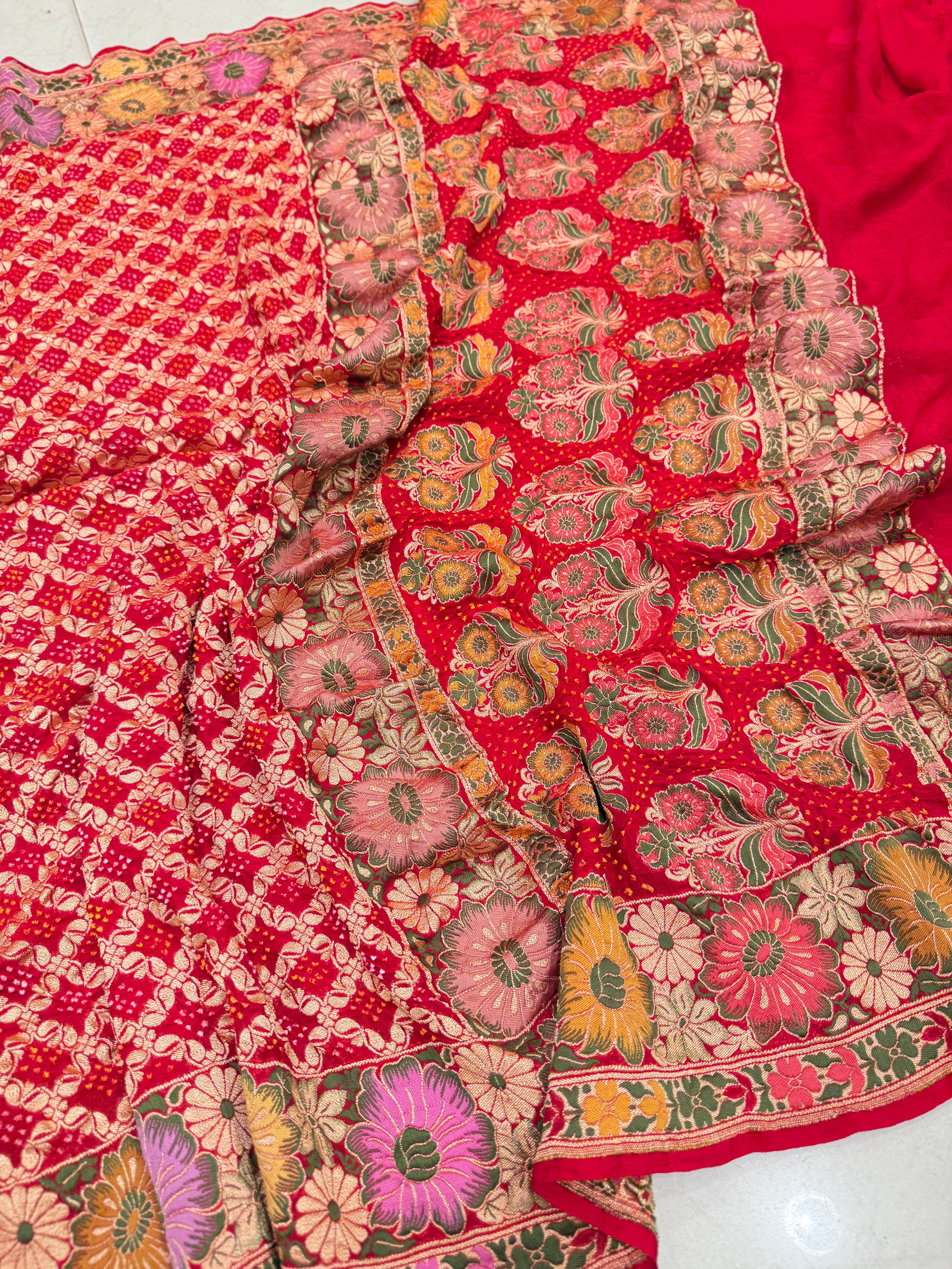 Red Meenakari Double Floral Rai Bandhej Georgette Bandhini Saree