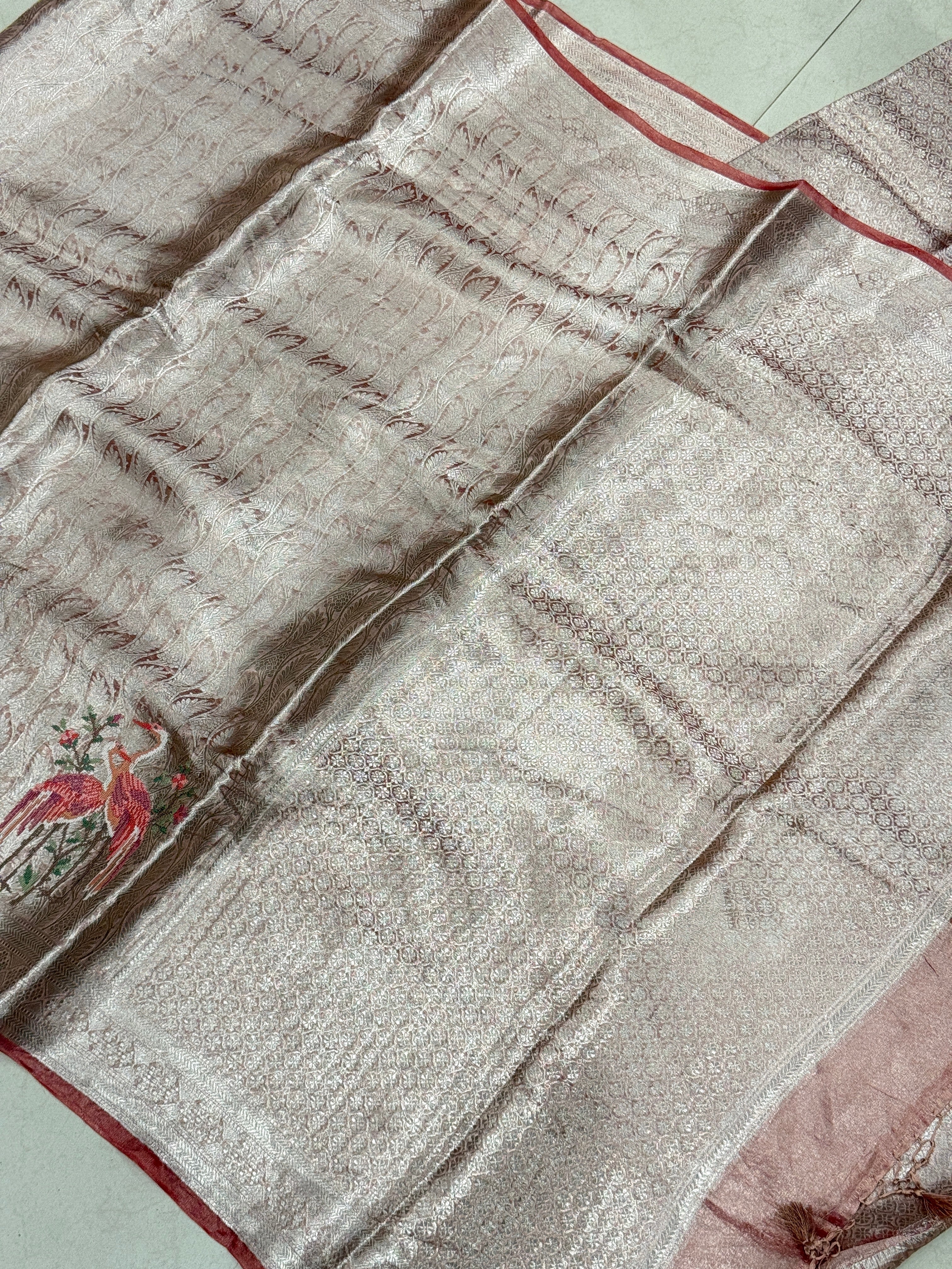 Crimson Silver Handloom Tissue Parsi Contemporary Resham Embroidery Saree