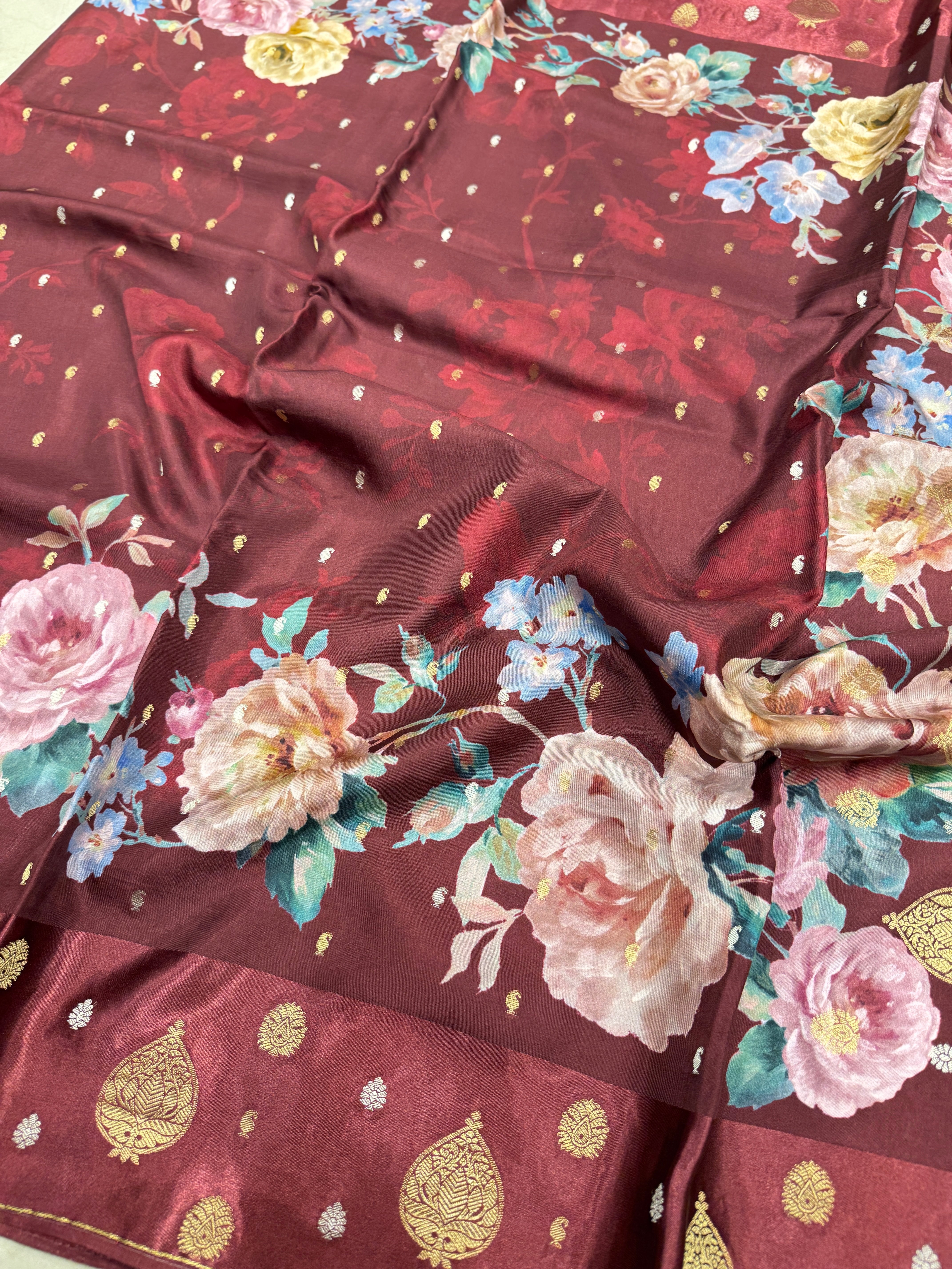 Wine Printed Silk Satin Border Saree