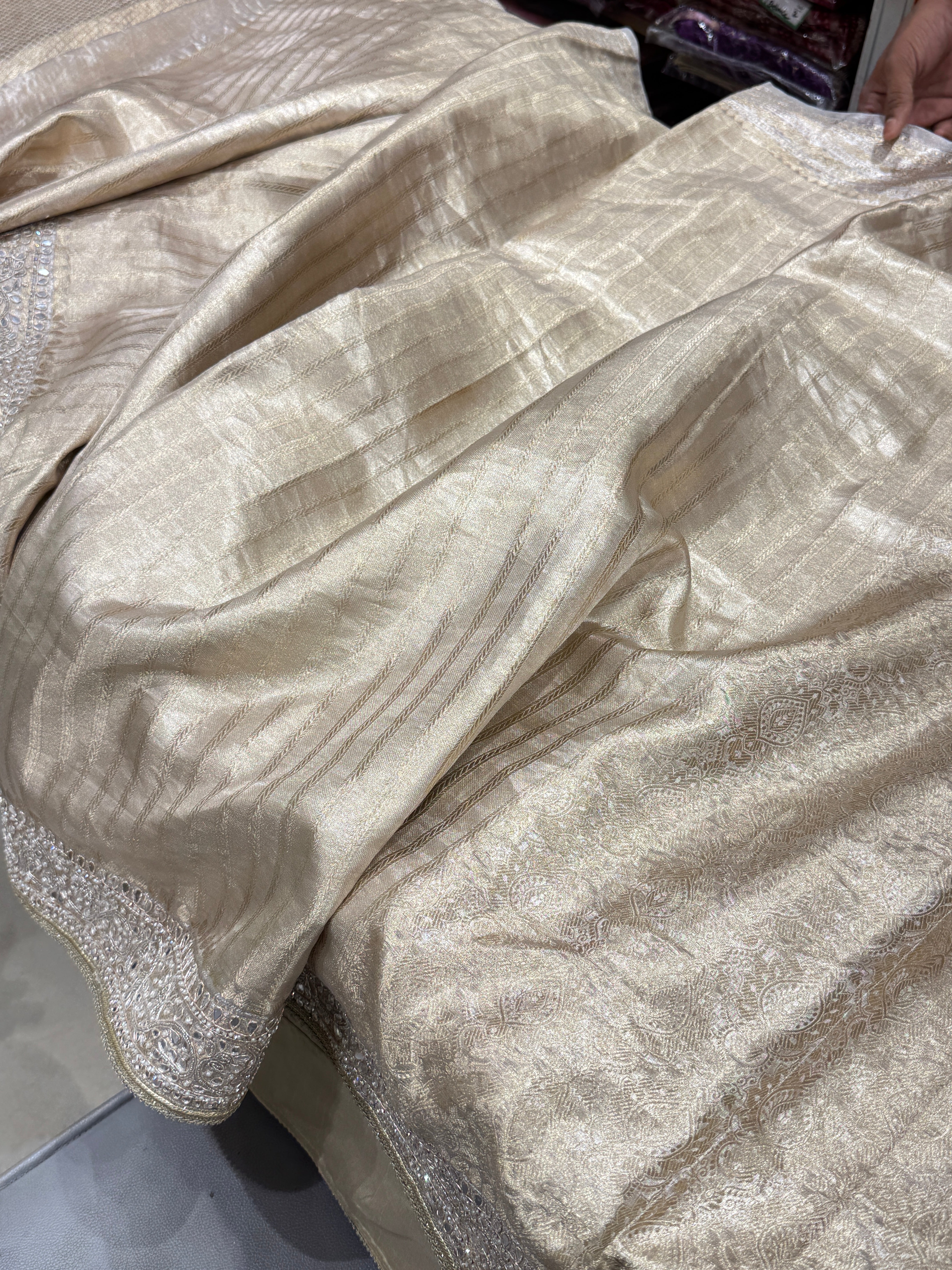 Gold Tissue Kanjivaram Moti Hand Embroidery Saree