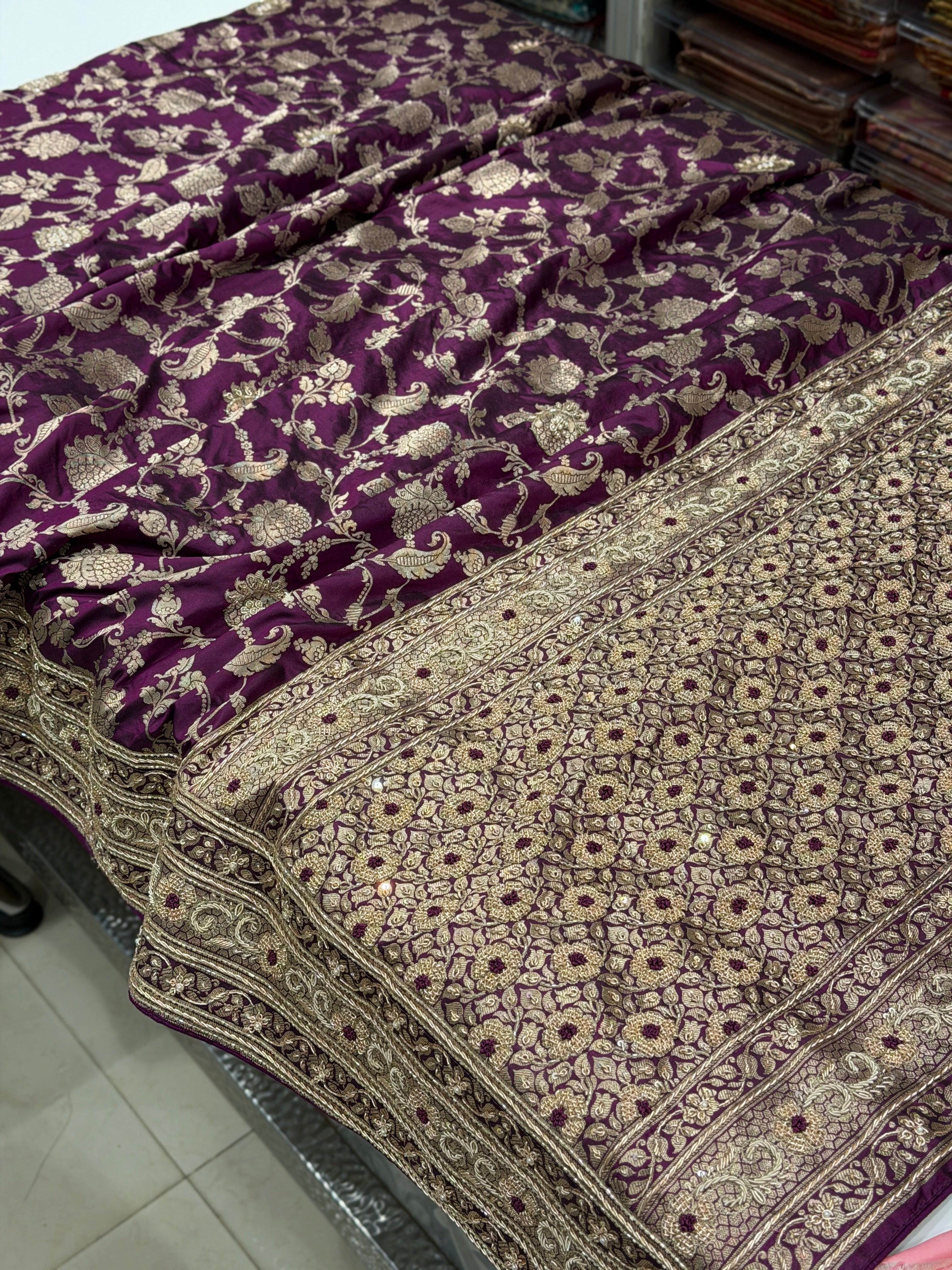 Wine Jaal Handloom Banarasi Katan Silk Zardosi Hand Embroidery Saree