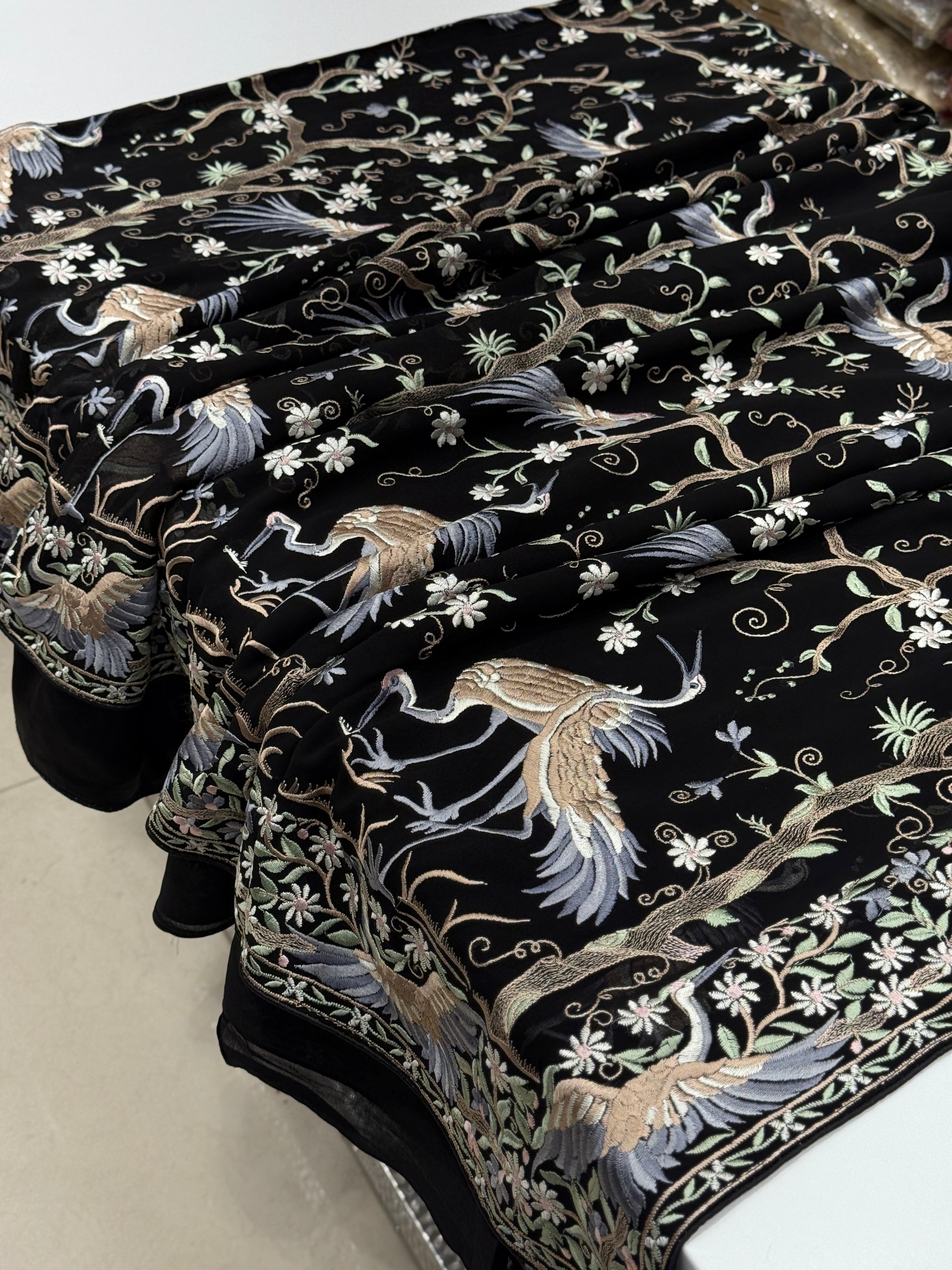 Black Tree Of Life Flamingo Parsi Gara Saree