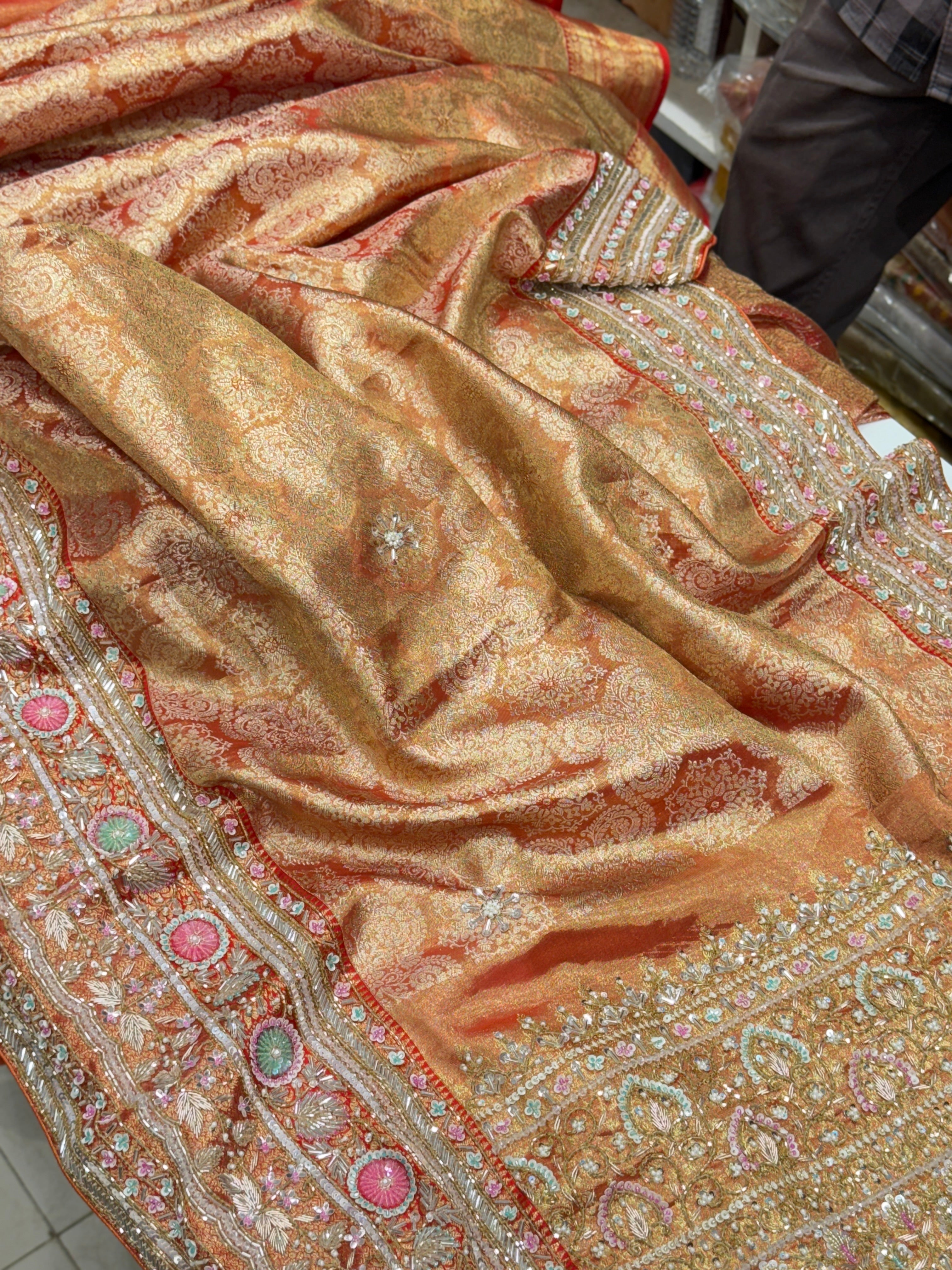 Red Gold Tissue Kanjivaram Hand Embroidery Saree