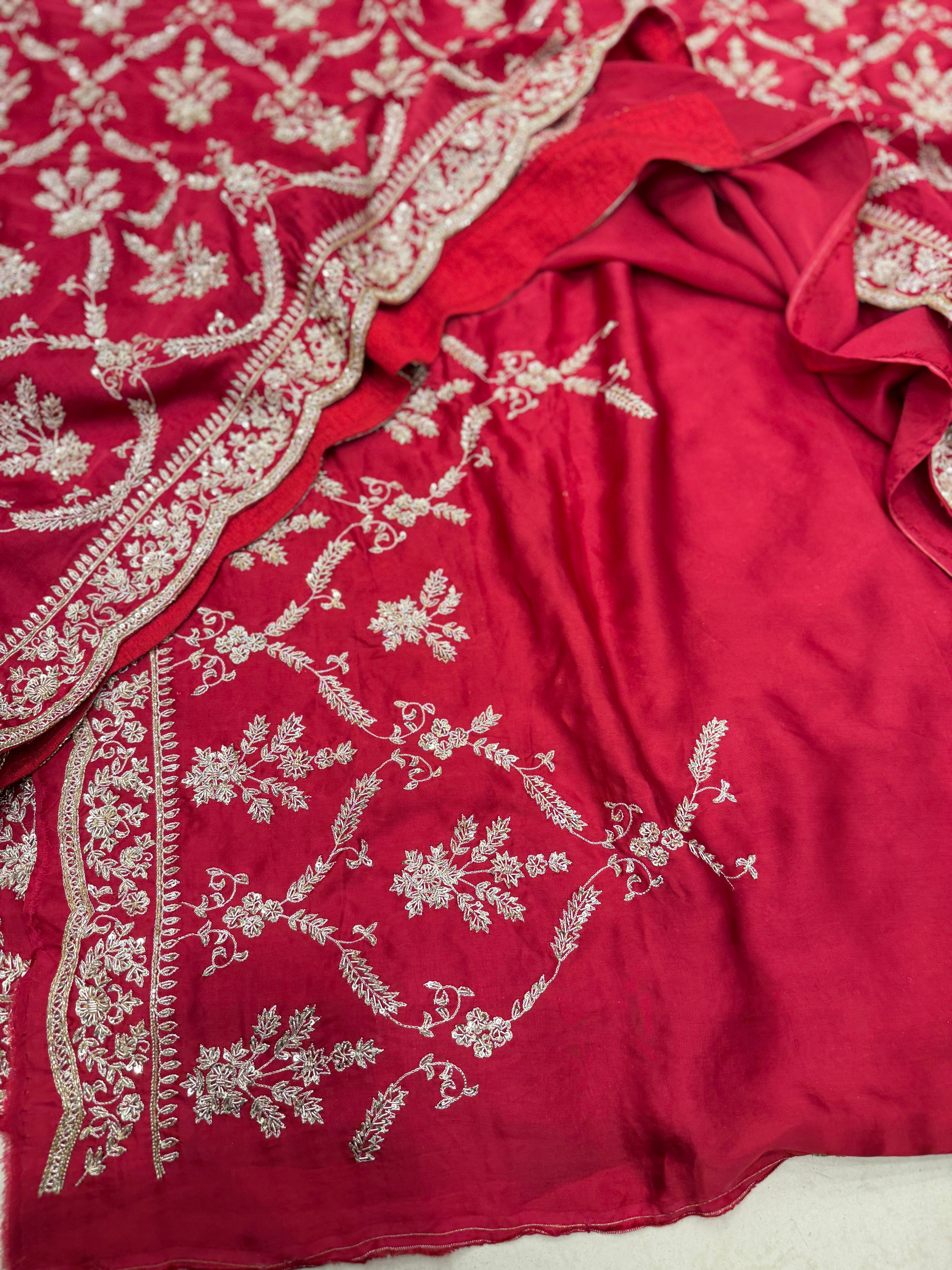Red Pure Satin Silk Crown Jaal Zardosi Hand Embroidery Jaal Saree