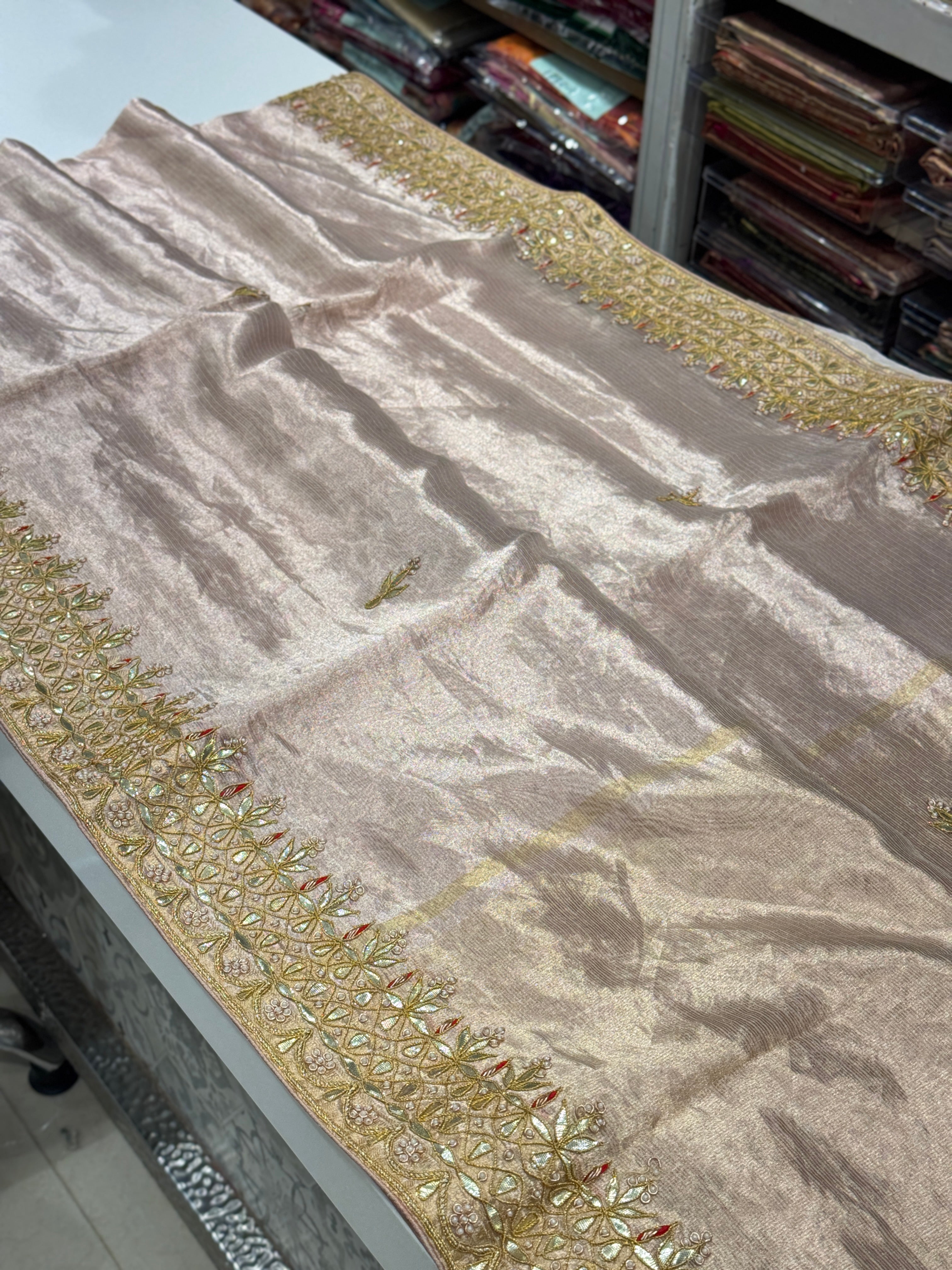 Pink Tissue Handloom Gotapatti Zardosi Hand Embroidery Saree