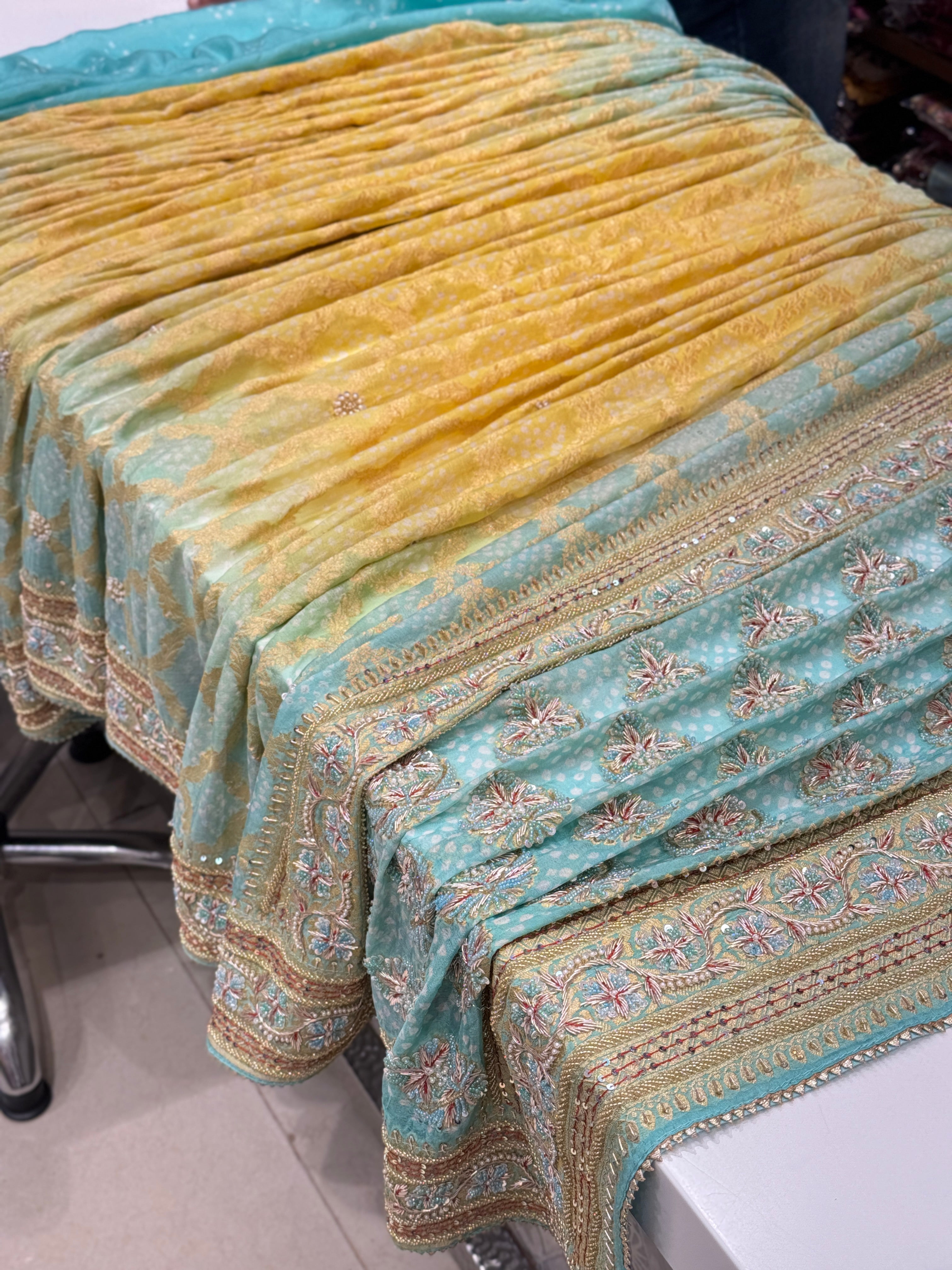 Pastel Shaded Bandhej Hand Embroidery Saree