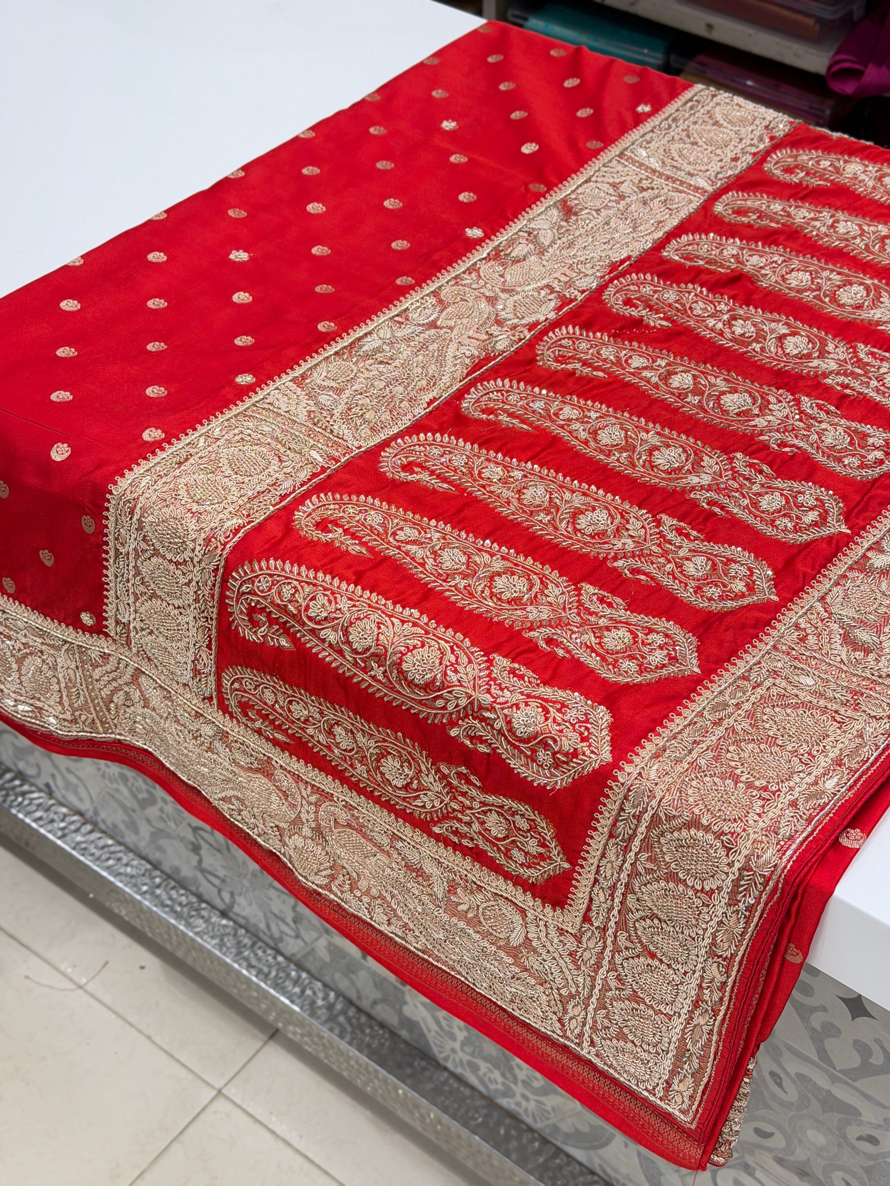 Red Chand Butti Zardosi Hand Embroidery Saree