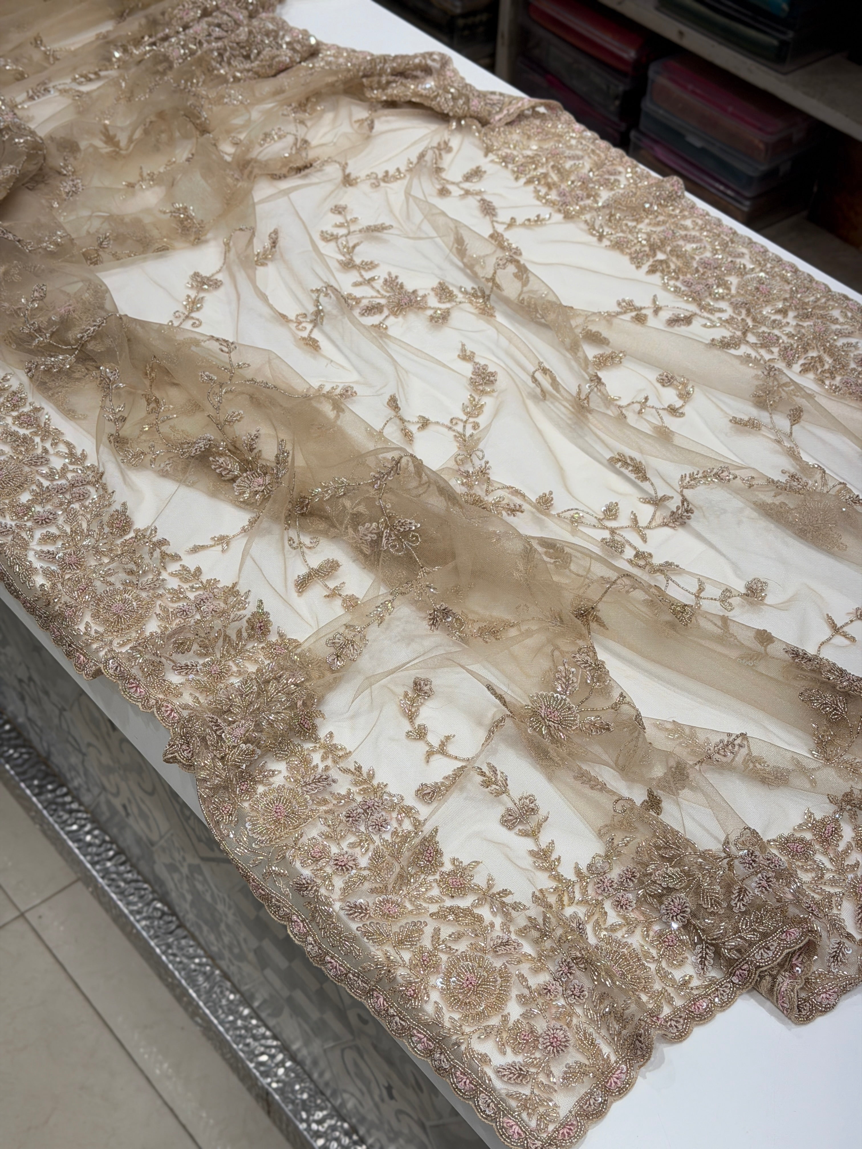 Golden Net Hand Embroidery Zardosi Moti Knot Work Saree