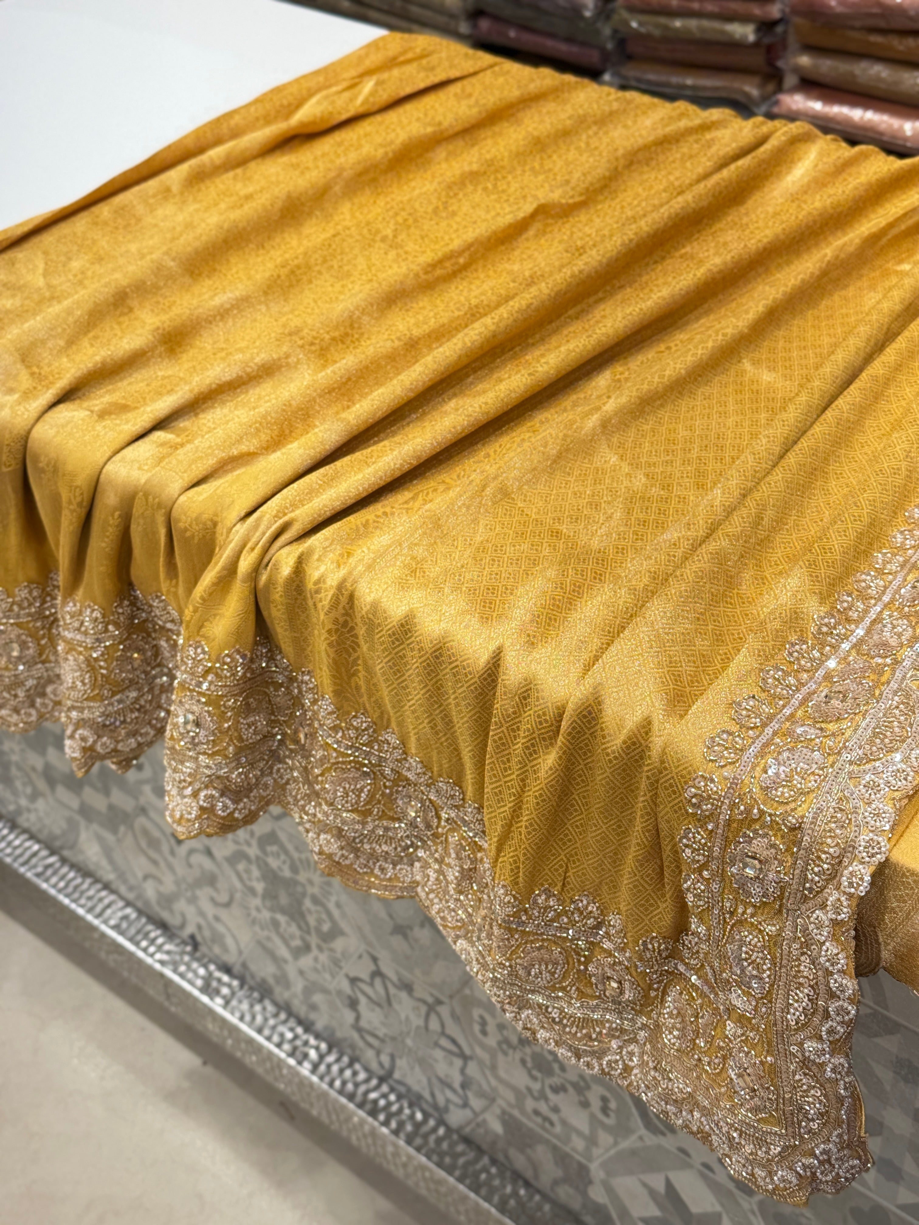 Yellow Soft Silk Moti Cutdana Embroidery Saree