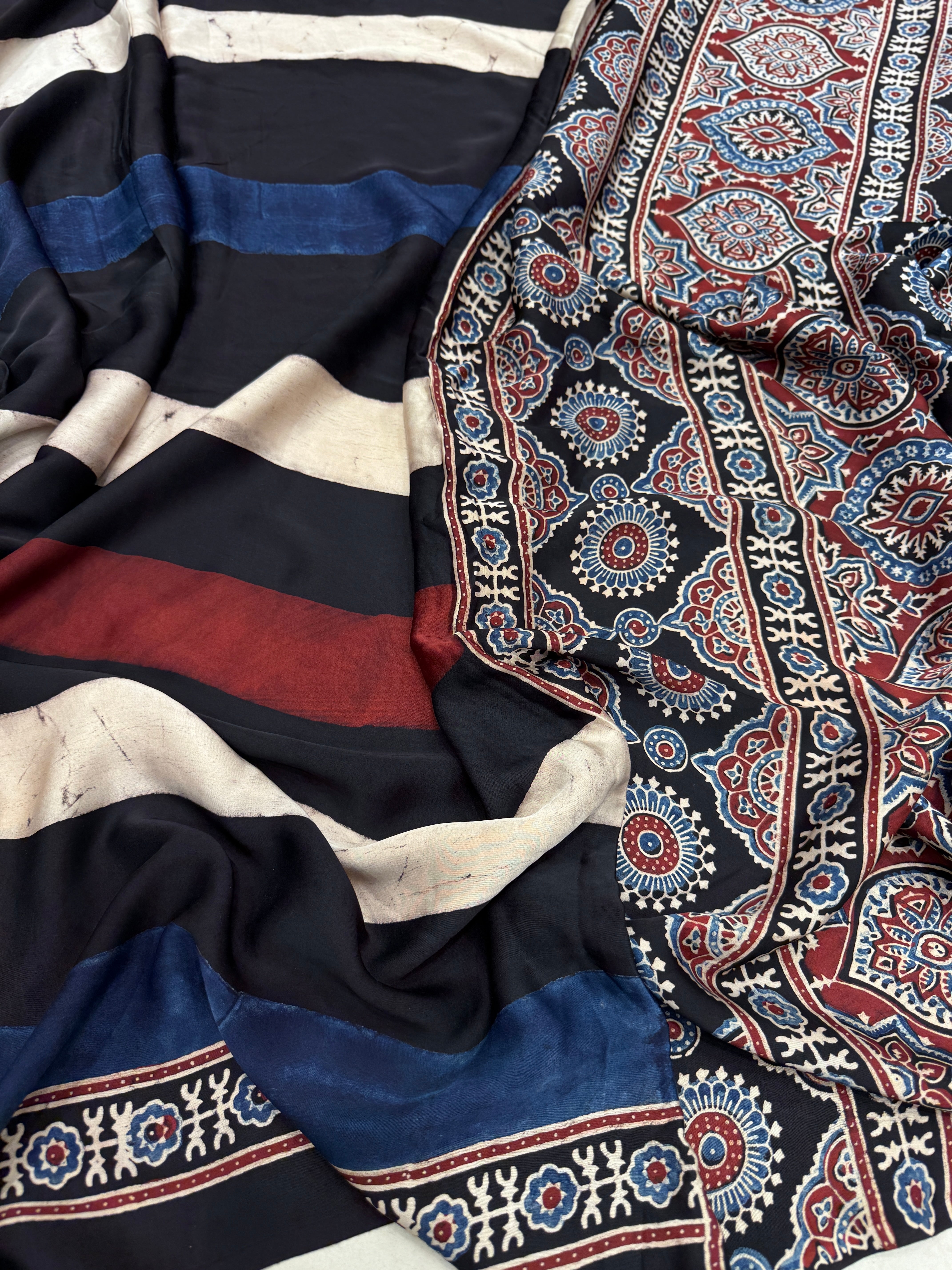 Black Contemporary Line Modal Silk Ajrakh Sareee