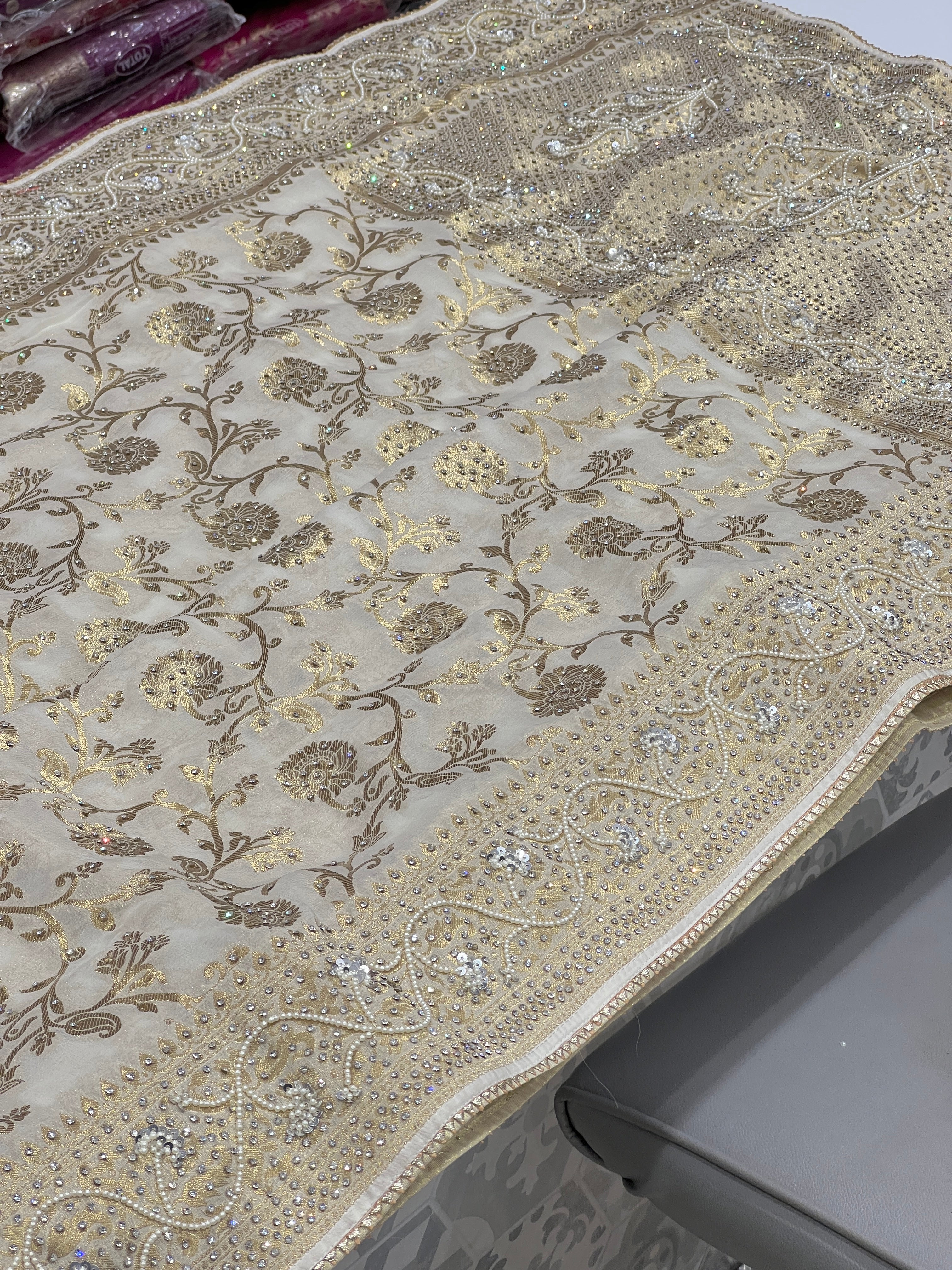 Beige Baghban Jaal Banarasi Georgette Hand Embroidery Saree