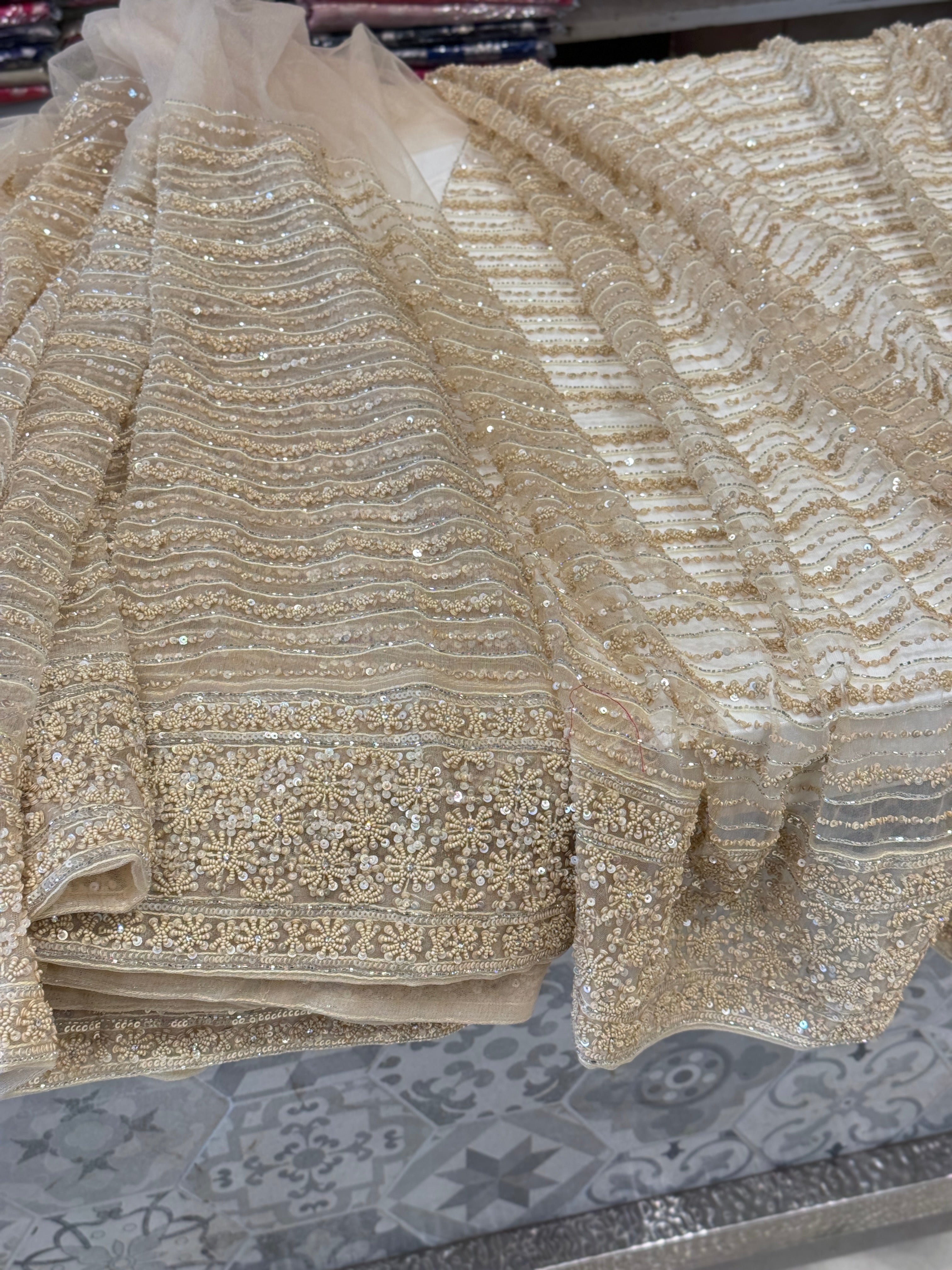 Beige Net Heavy Embroidery Saree