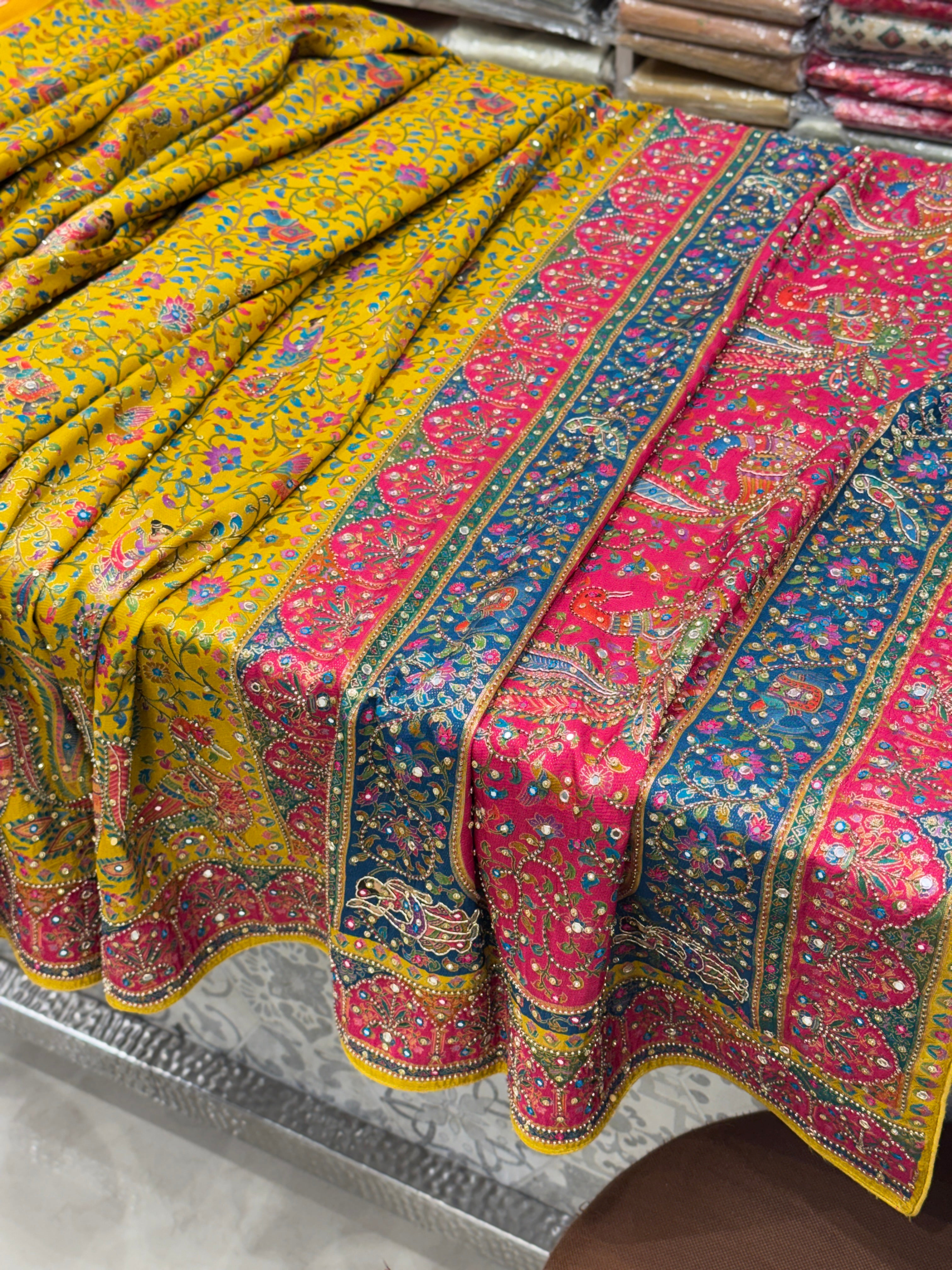 Yellow Pashmina Style Moti Hand Embroidery Saree