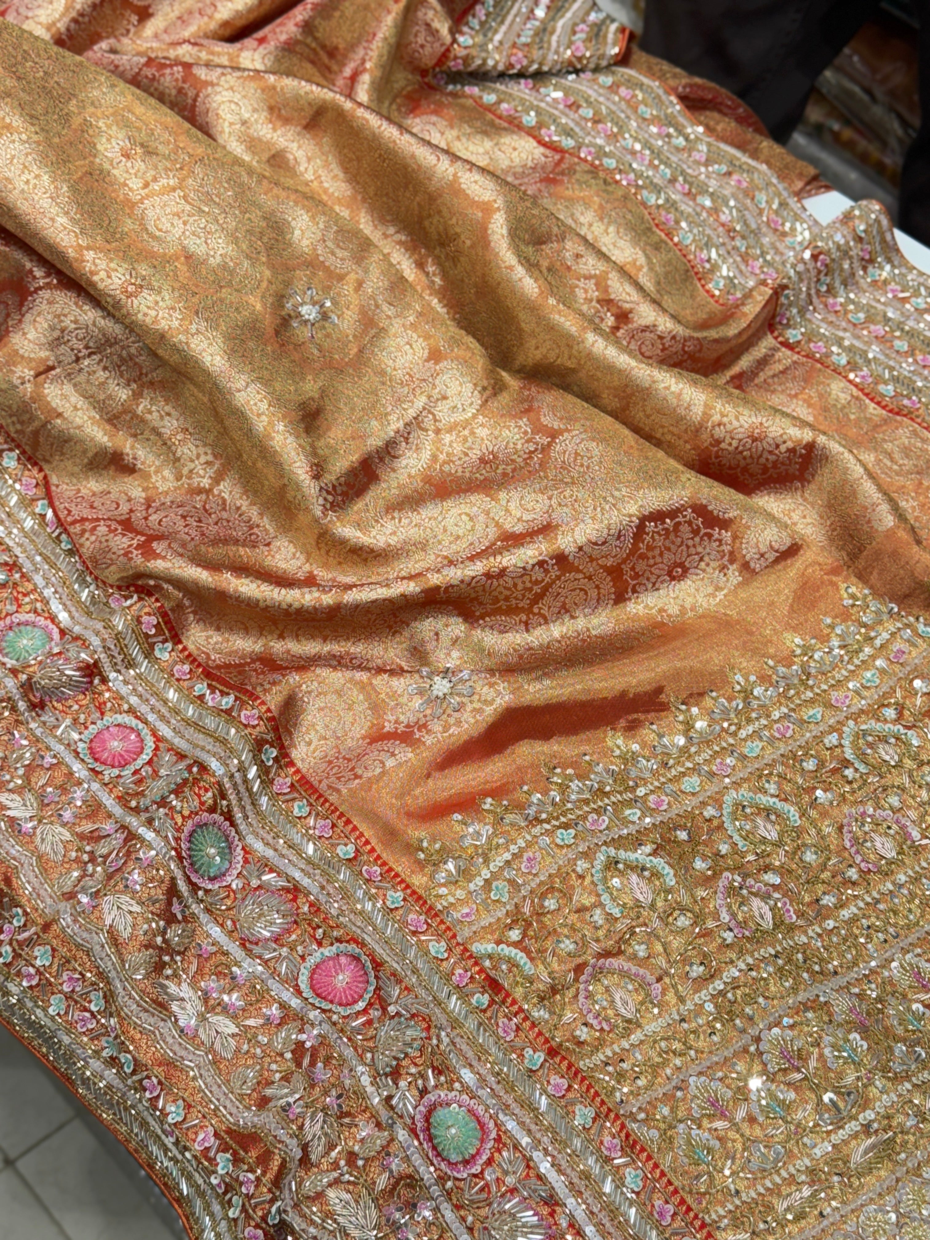 Red Gold Tissue Kanjivaram Hand Embroidery Saree