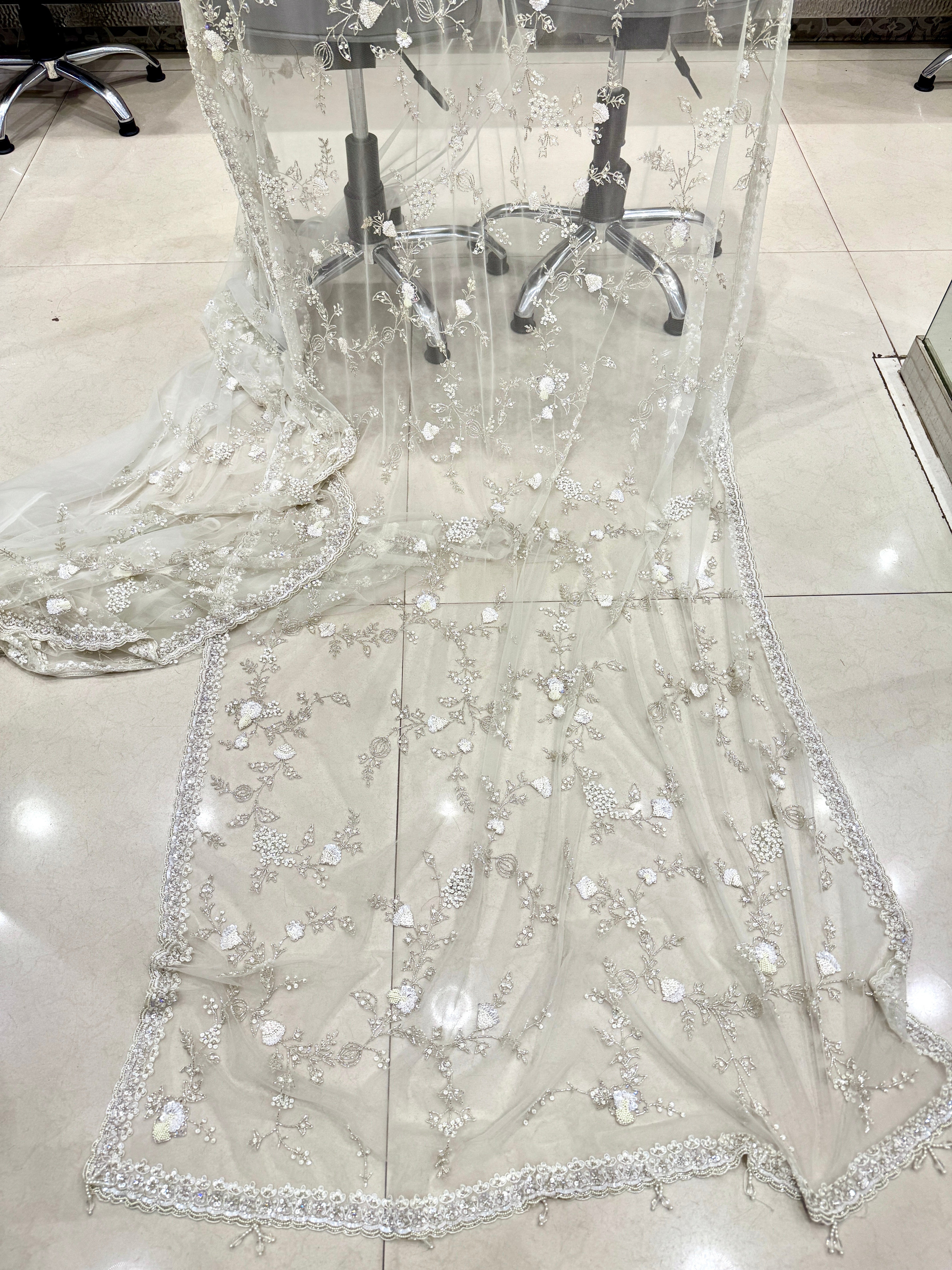 White Hand Embroidery Net Saree Sequin and Salli Embroidery