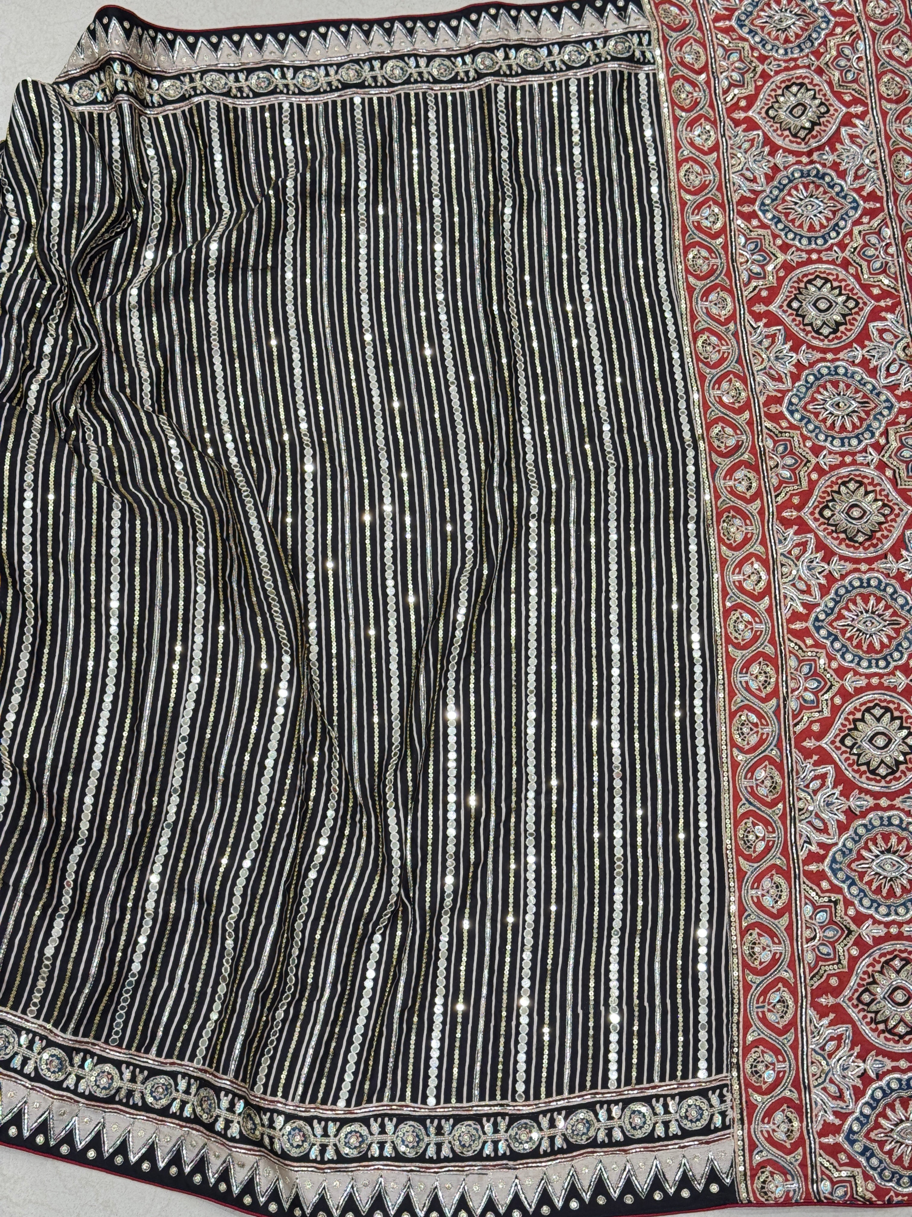 Black Red Contemporary Mirror Ajrakh Hand Embroidery Saree