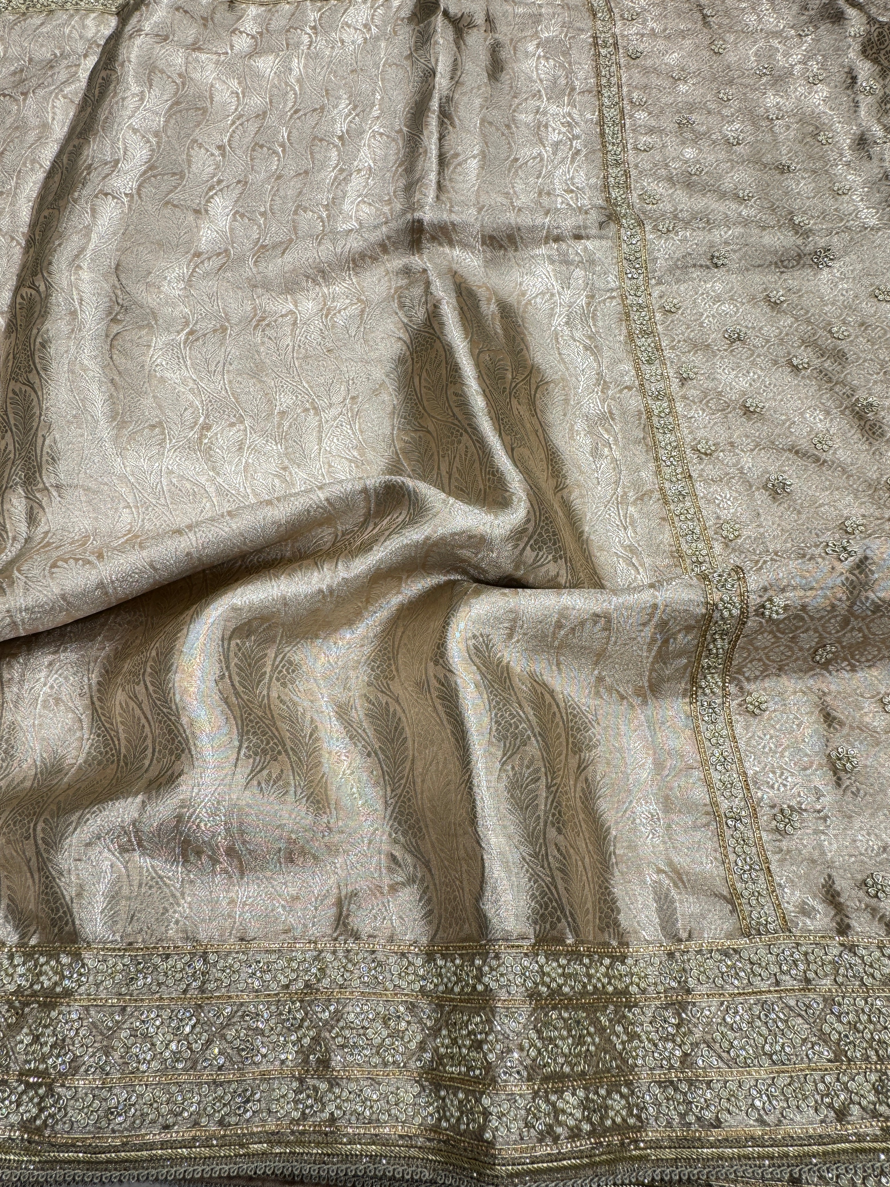 Nude Pink Silver Tissue Kanjivaram Moti Hand Embroidery Saree
