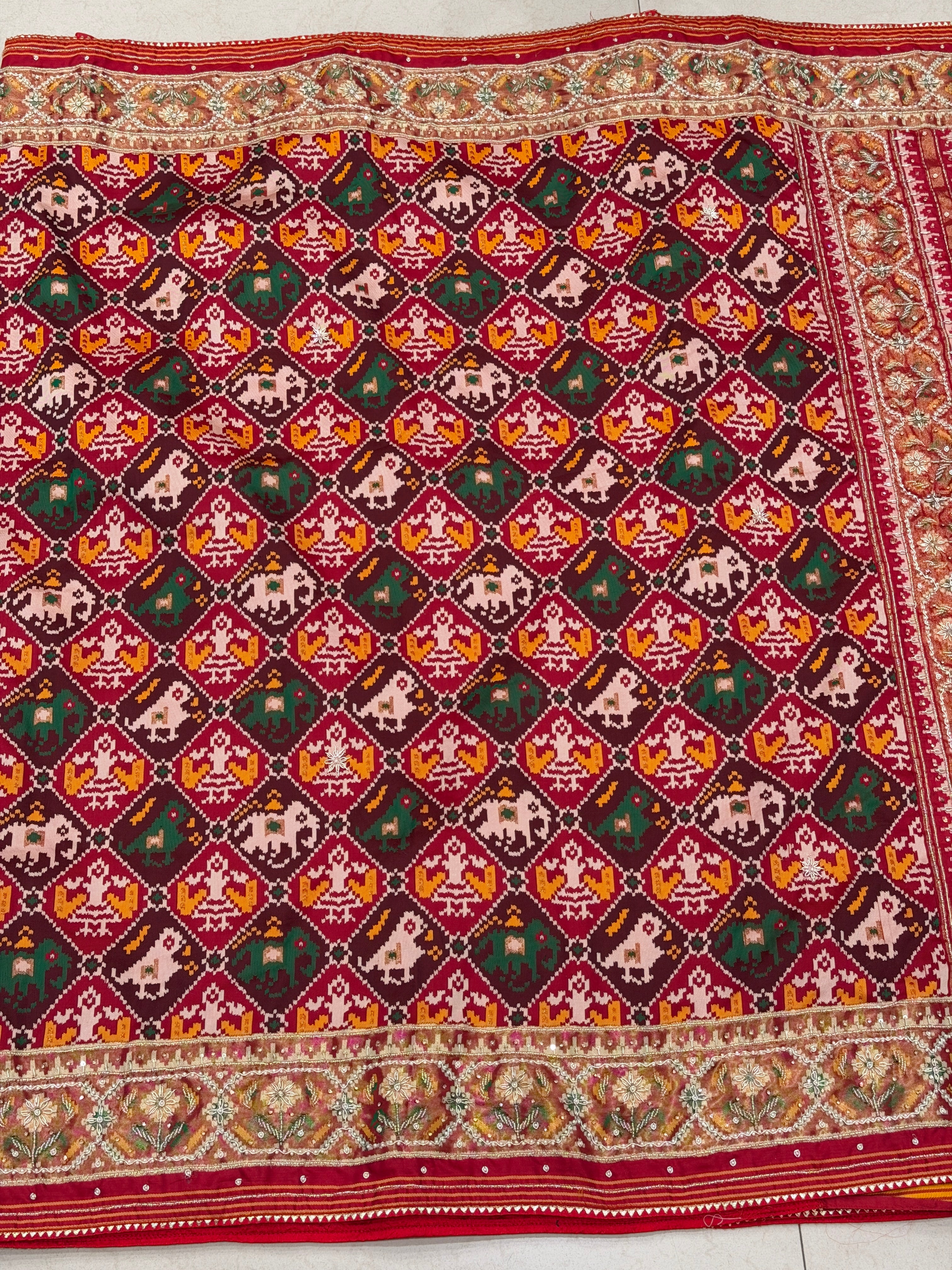 Maroon Patola Check Hand Embroidery Saree