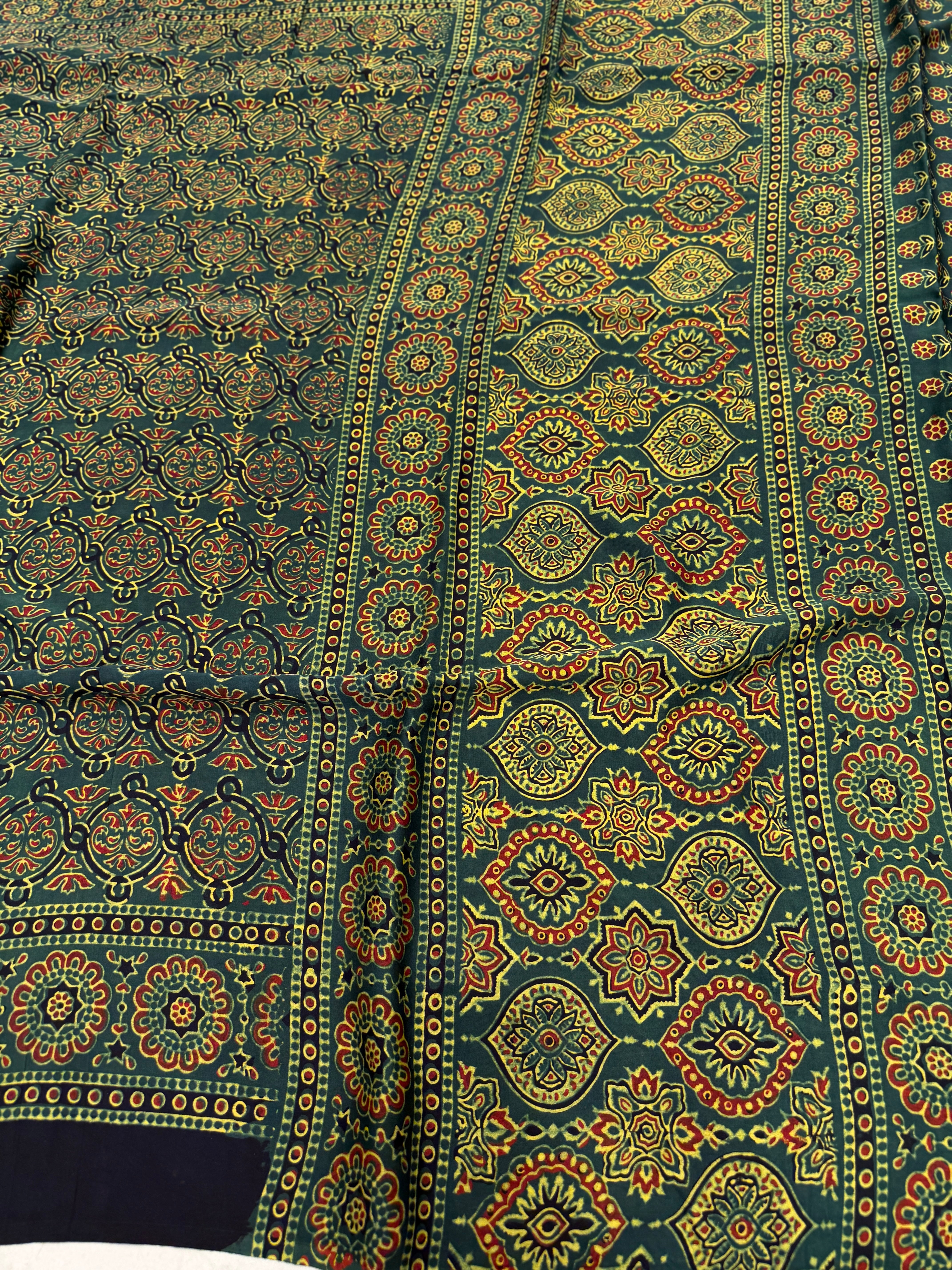 Green Ajrakh Hand Block Print Pure Modal Silk Saree